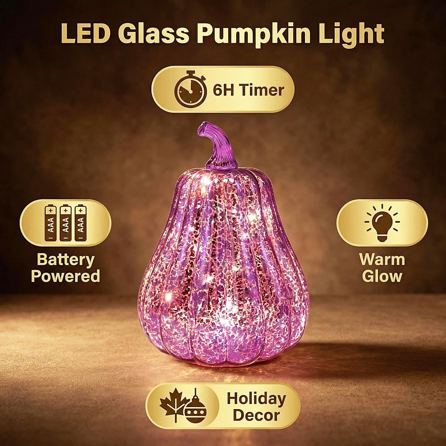 Mercury Glass Pumpkin Lights with Timer Fall Halloween Thanksgiving Decor | Battery Led Pumpkin Lamp Lighted Glass Pumpkin Purple Starry Night Pumpkins Autumn for Home Office Table Porch Decor or Gifts