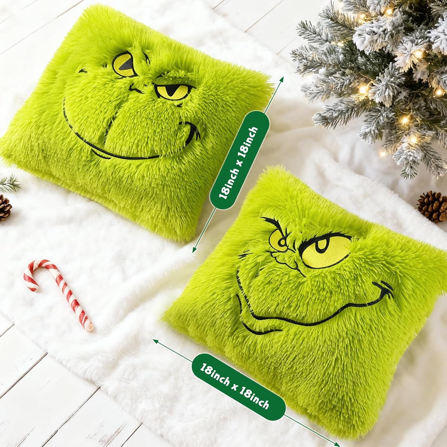 2PCS Chrismas Pillow Covers 18X18 Inch,Green Xmas Throw Pillow Cases,Chrismas Decor Soft Plush Faux Fur Wool Couch Cushion Case for Chair Sofa Bedroom Living Room
