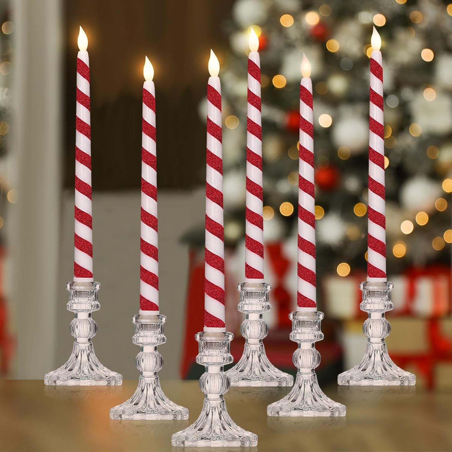 6 Pcs Christmas Flameless Taper Candles 10.6 Inch Elf Theme Candles Battery Operated LED Christmas Candlesticks for Xmas Centerpiece Holiday Party Decor