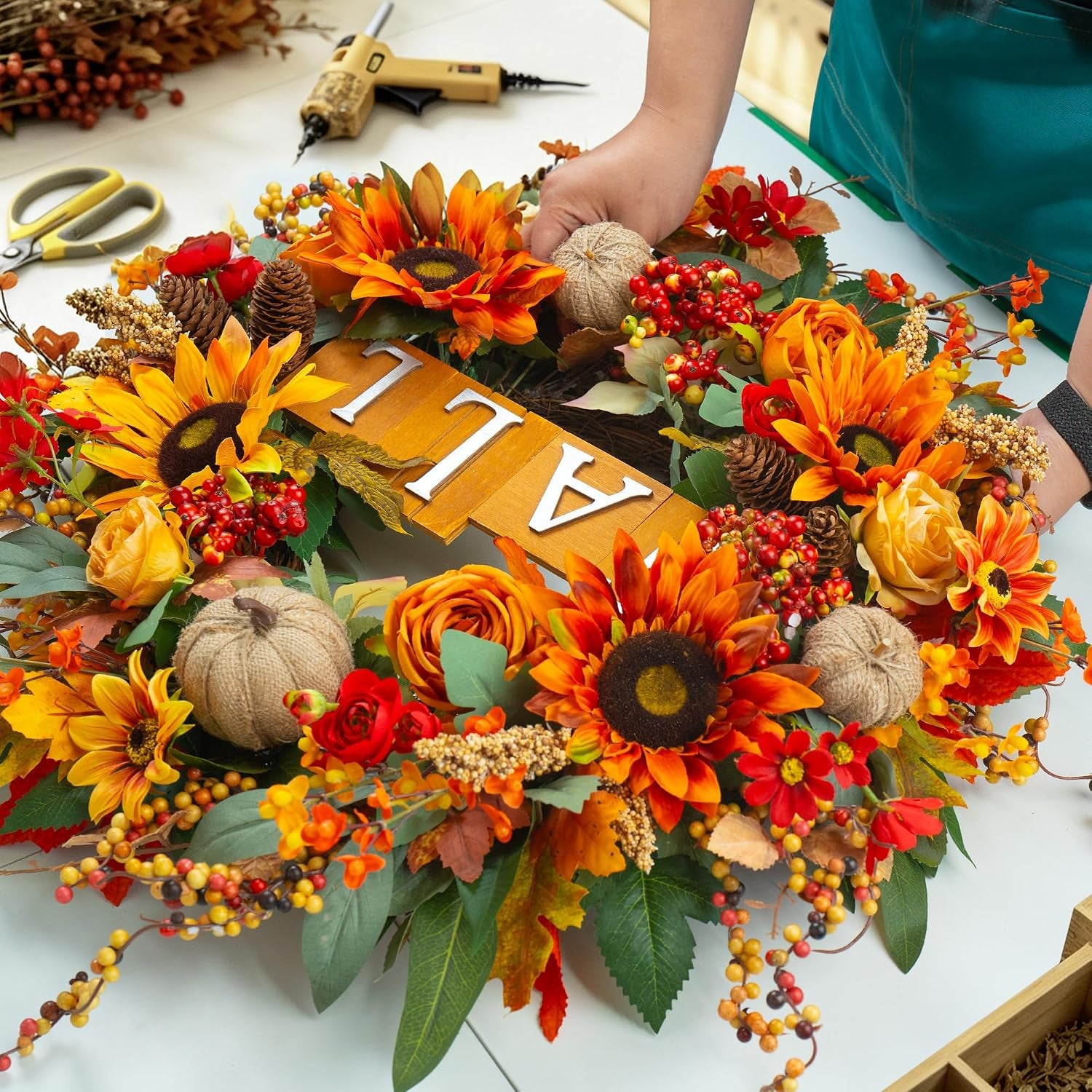24 Inch Fall Wreaths for Front Door Autumn Wreath with Fall Sign | Fall Door Wreath with Sunflowers, Roses, Burlap Pumpkins, Pinecones, Fall Wreath for Outdoor Wreaths for Front Door