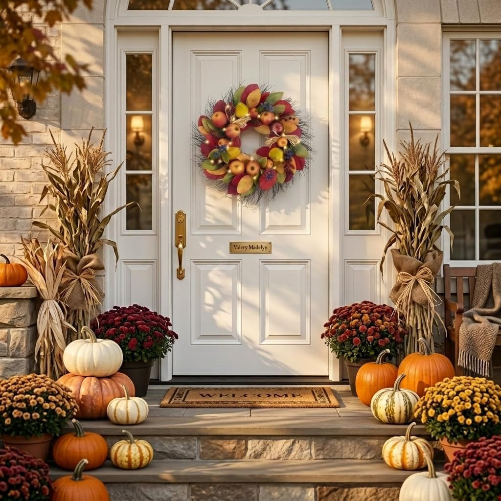 24'' Collapsible Pre-Lit Fruits Fall Wreath for Front Door | Faux Pomegranate & Apples & Maple Leaves & Greeting Plaque & LED Light for Fireplace,Porch,Autumn Thanksgiving Harvest Decor