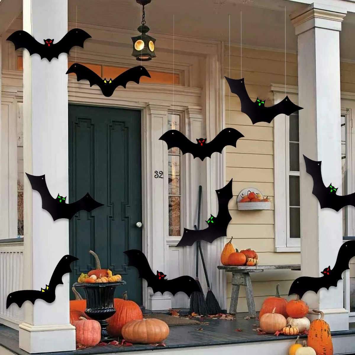 Halloween Hanging Bats for 12PCS 3D Halloween Yard Outdoor Decoration | 3 Styles Realistic Scary Large Fake Black Hanging Flying Bat Spooky for Halloween Indoor Sign Lawn Decorations