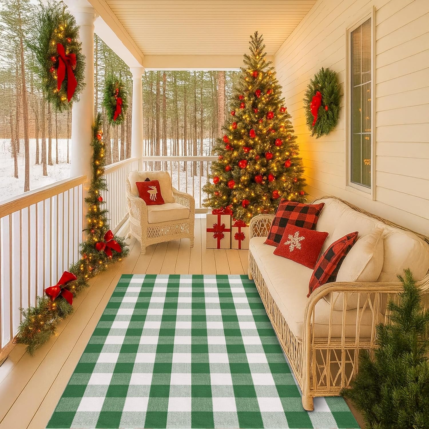Orange and White Plaid Rug, 3' X 5' Fall Front Door Decor Mat, Cotton Washable Hand-Woven Door Mat for Layered Doormat, Autumn Halloween Thanksgiving Carpet for Porch, Entryway