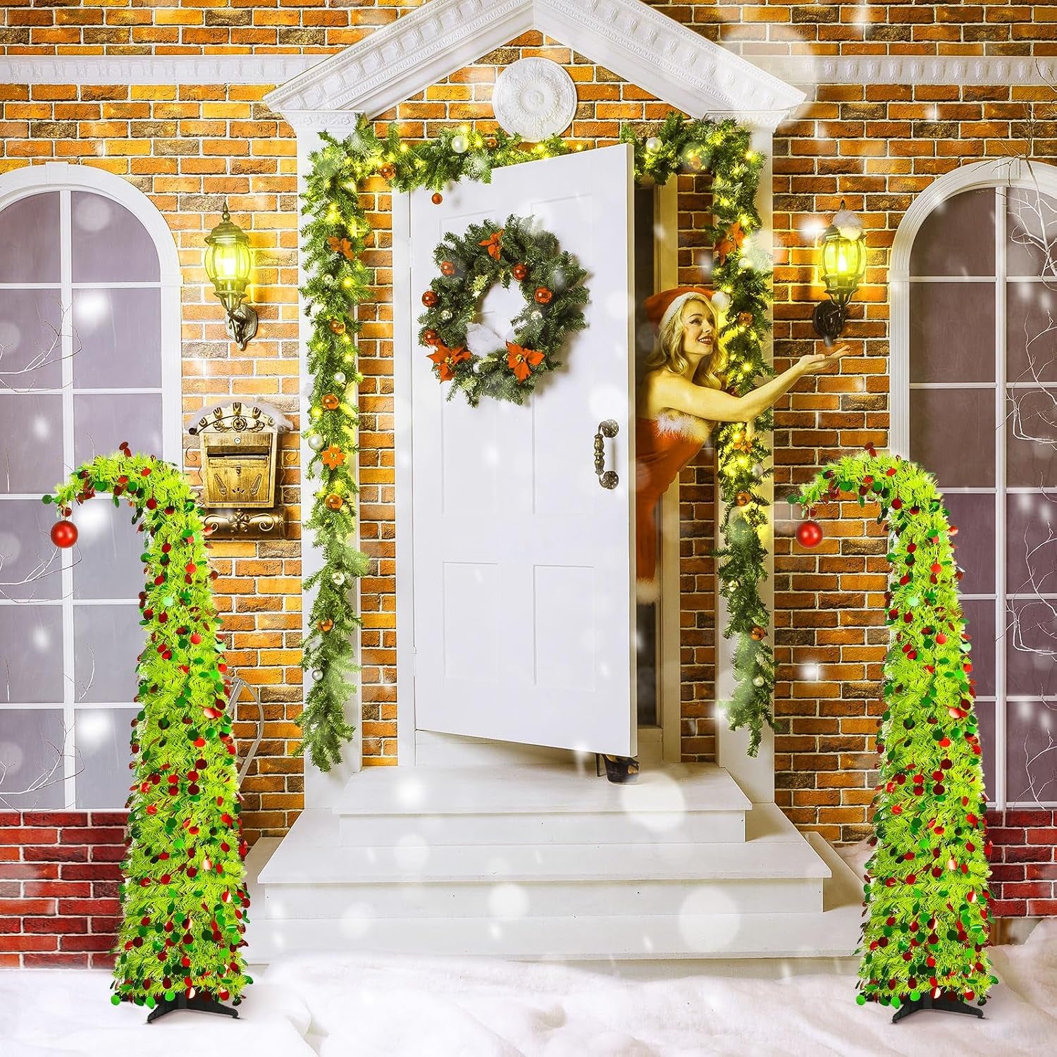 5 Ft Christmas Whimsical Pop up Curved Tree with 50 LED Light String Decorations Curved Plastic Tree Lime Green Purple Tinsel for Xmas Home, Apartment, Office(Green)
