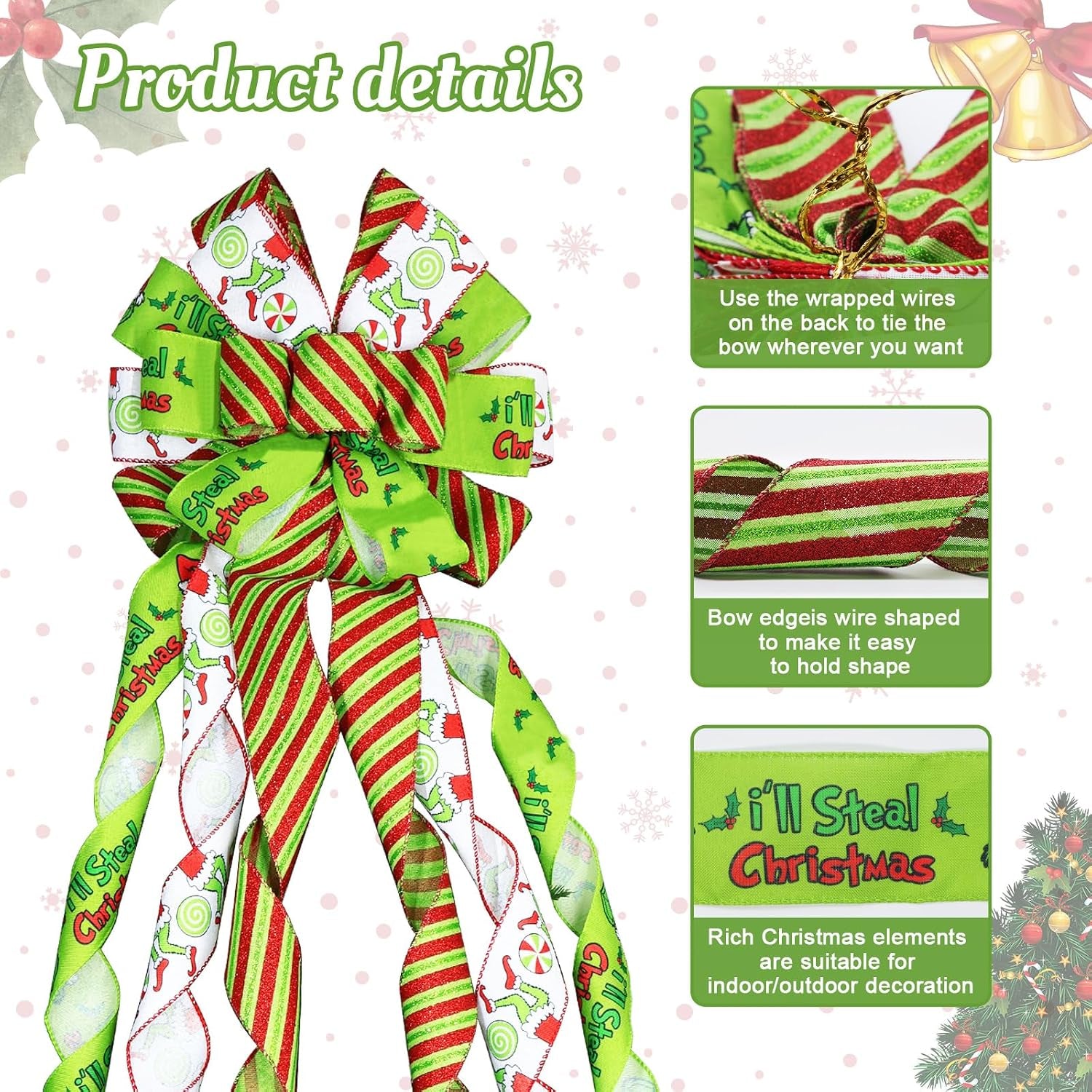 Large Christmas Tree Topper Bow 52X13 Inch, Pre-Tied Wired Wreath Ribbon | Big Festive Xmas Bow Ornaments with Long Streamers for Holiday Indoor Outdoor Home Party Decoration (Green)