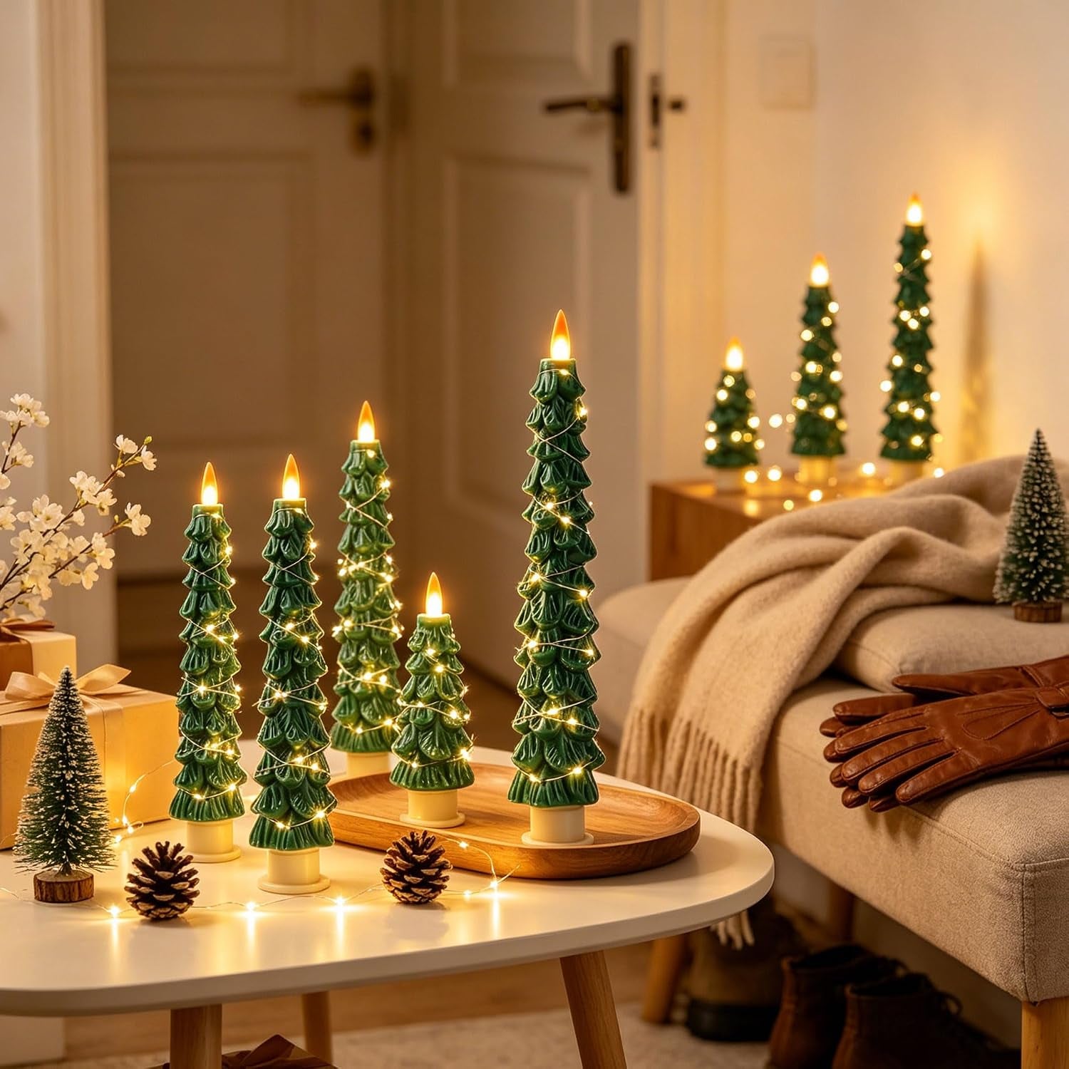 Christmas Tree Candles Surrounded by Fairy Lights, LED Flameless Candle Lights with Remote Control Timing Function. Green