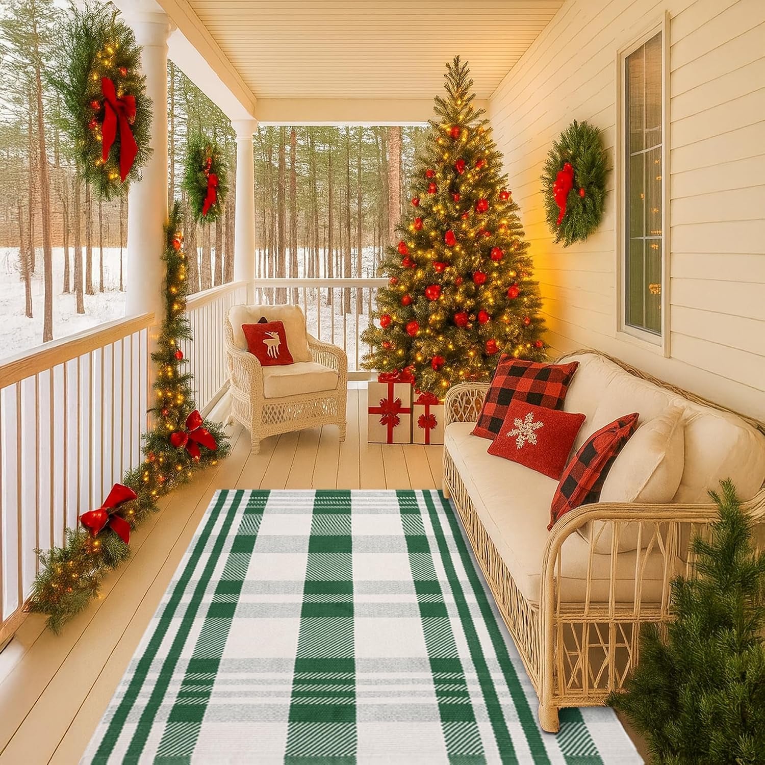 Orange and White Plaid Rug, 3' X 5' Fall Front Door Decor Mat, Cotton Washable Hand-Woven Door Mat for Layered Doormat, Autumn Halloween Thanksgiving Carpet for Porch, Entryway