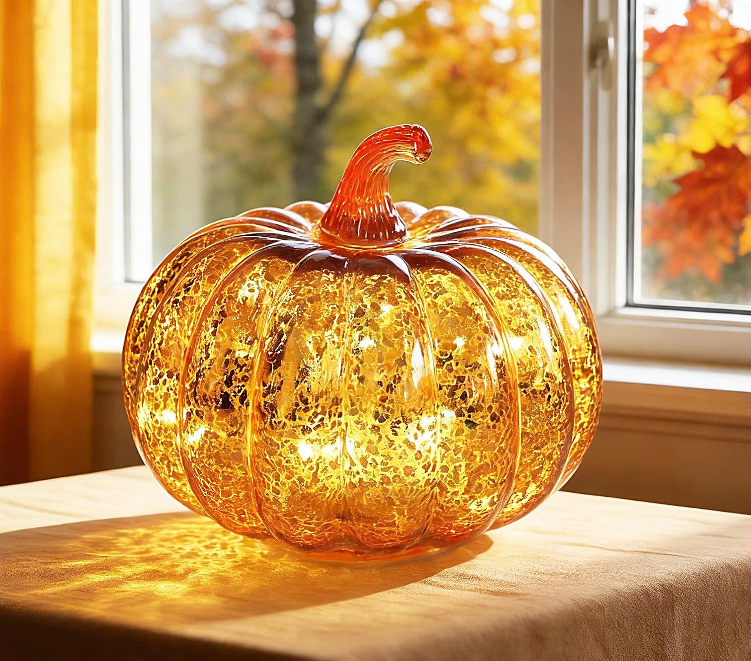 Mercury Glass Light up Pumpkin Light with Timer, with 10 Led Lights Inside,Battery Operated Led Pumpkin Light,Ideal for Halloween Fall Decoration, Thanksgiving Rustic Decor(Gold)