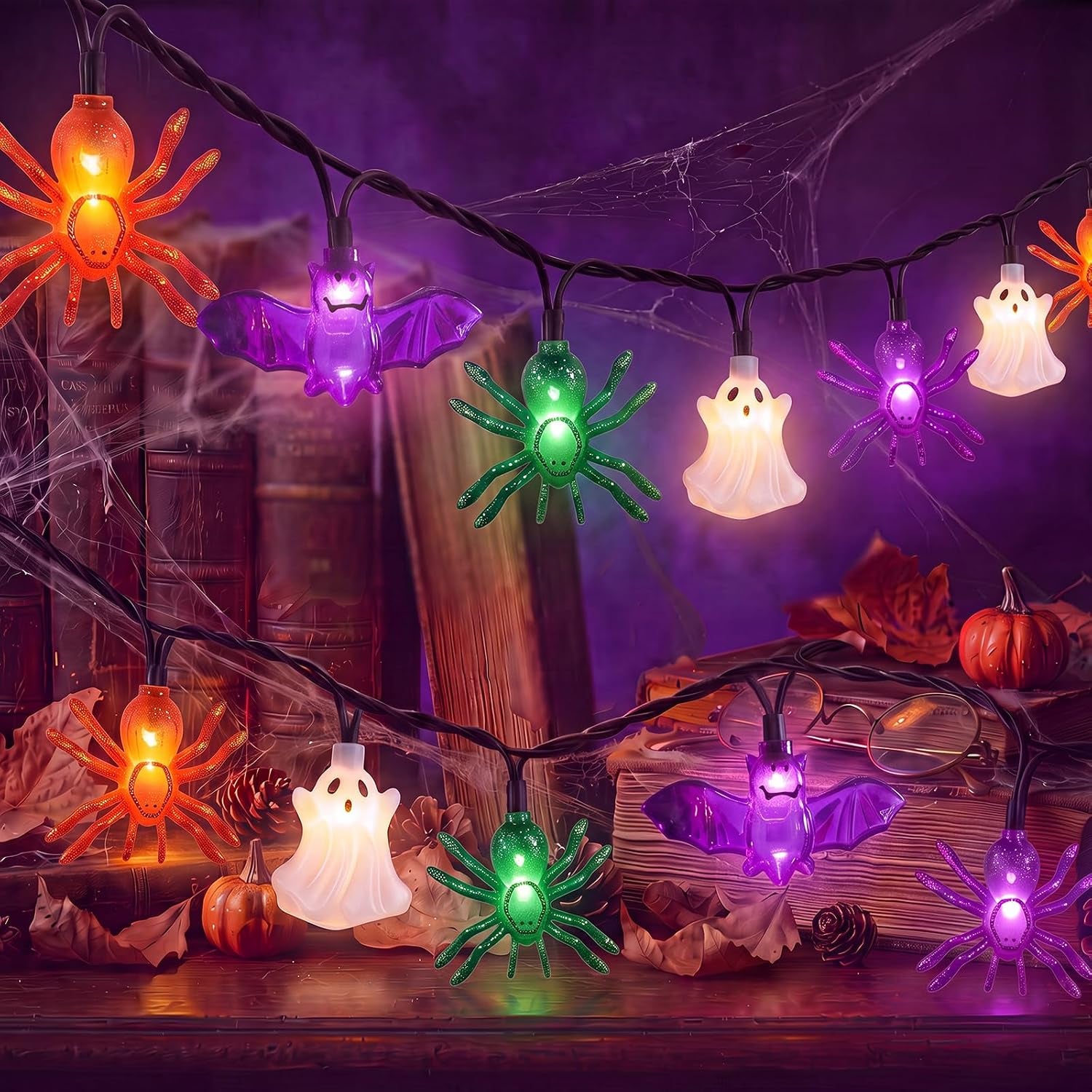 8.5FT 10 LED Outdoor Halloween Skeleton String Lights Plug In, Waterproof | Connectable, Hanging Multicolor Halloween Skull Lights UL Listed for Indoor Backyard, Patio, Porch, Party Decor, Black Wire