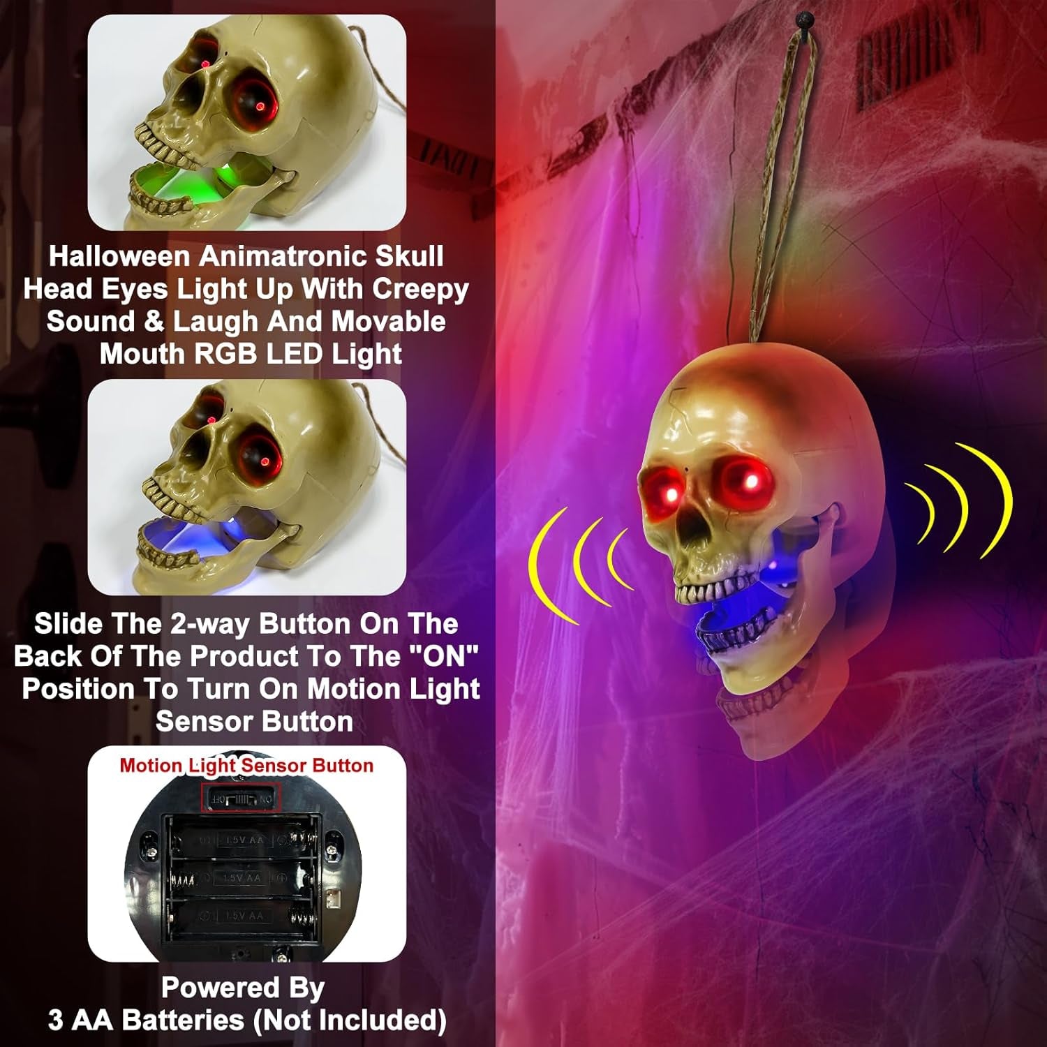 Halloween Animatronic Talking Hanging Skull Head Decorations Outdoor | Sound/Light Sensor Activated, Red Glowing Eyes, Shaking Jaw, Spooky Sounds, Wall Mounted, Indoor/Home, Haunted House/Party