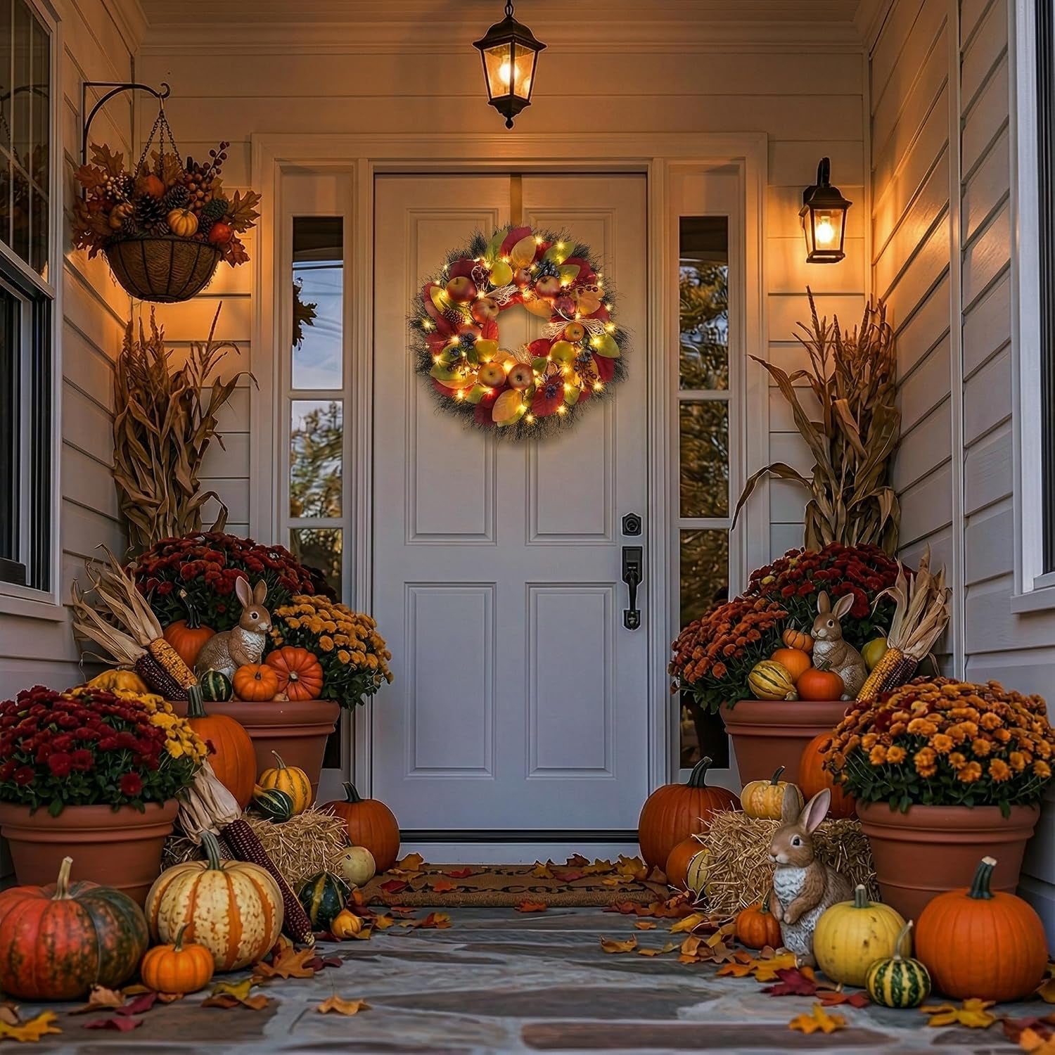 24'' Collapsible Pre-Lit Fruits Fall Wreath for Front Door | Faux Pomegranate & Apples & Maple Leaves & Greeting Plaque & LED Light for Fireplace,Porch,Autumn Thanksgiving Harvest Decor