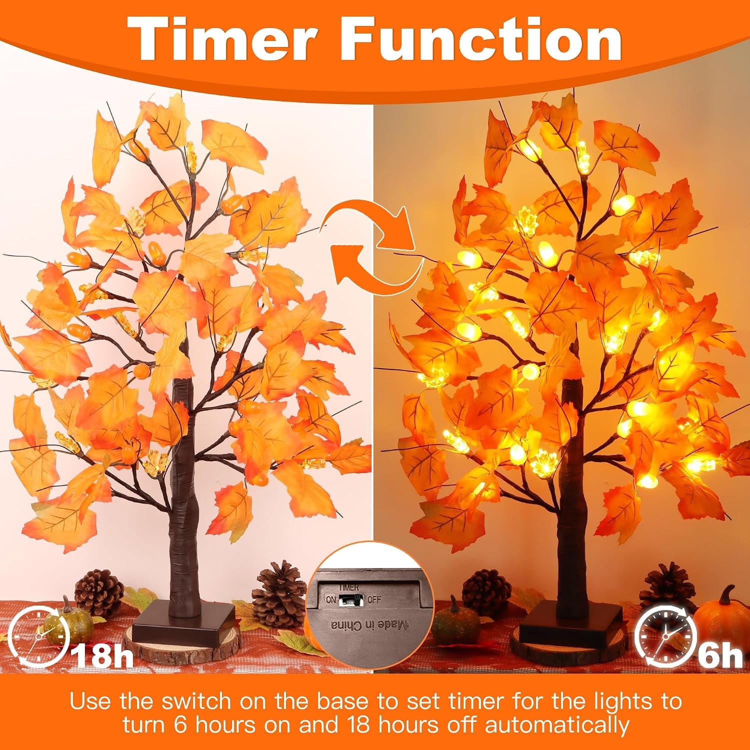 2 Pack 24 Inch Prelit Fall Maple Tree Fall Thanksgiving Decorations with 48 Leds Battery Operated Timer Lighted Acorn Maple Artificial Tabletop Light up Tree for Home Indoor Thanksgiving Table Decor