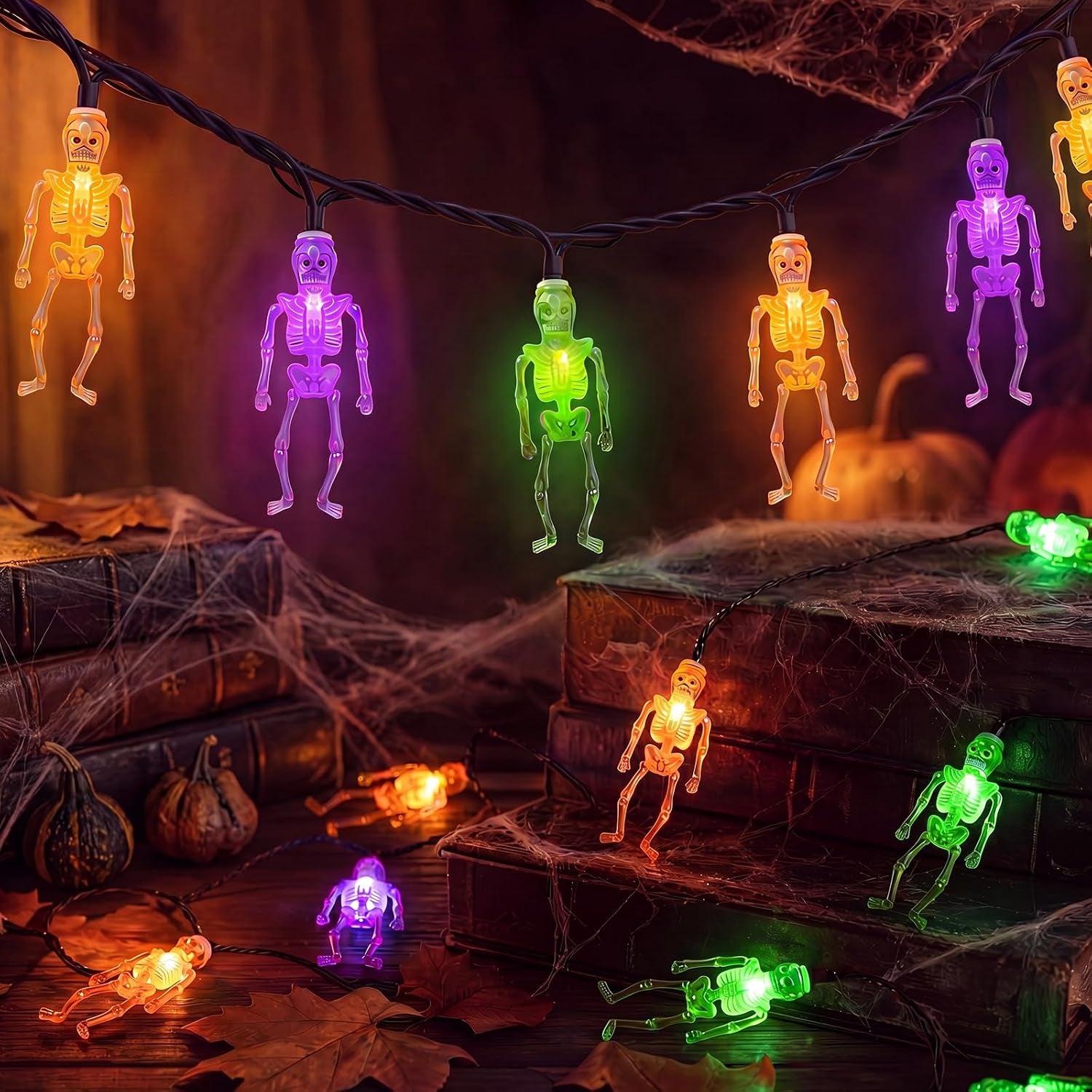 8.5FT 10 LED Outdoor Halloween Skeleton String Lights Plug In, Waterproof | Connectable, Hanging Multicolor Halloween Skull Lights UL Listed for Indoor Backyard, Patio, Porch, Party Decor, Black Wire