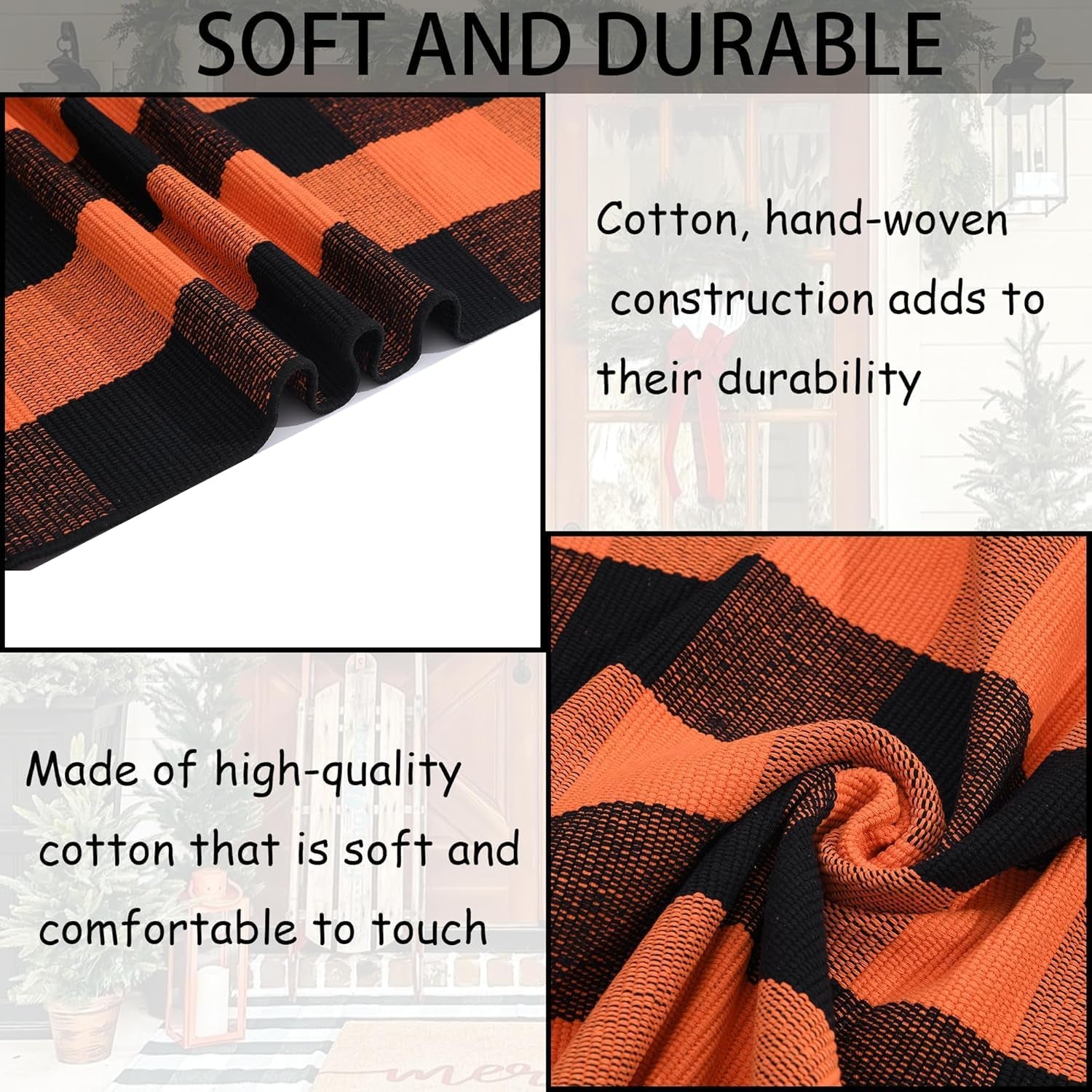 Orange and Black Plaid Rug, 3' X 5' Fall Outdoor Front Door Decor Mat, Cotton Washable Hand-Woven Rug for Layered Doormat, Autumn Halloween Thanksgiving Carpet for Porch, Entryway