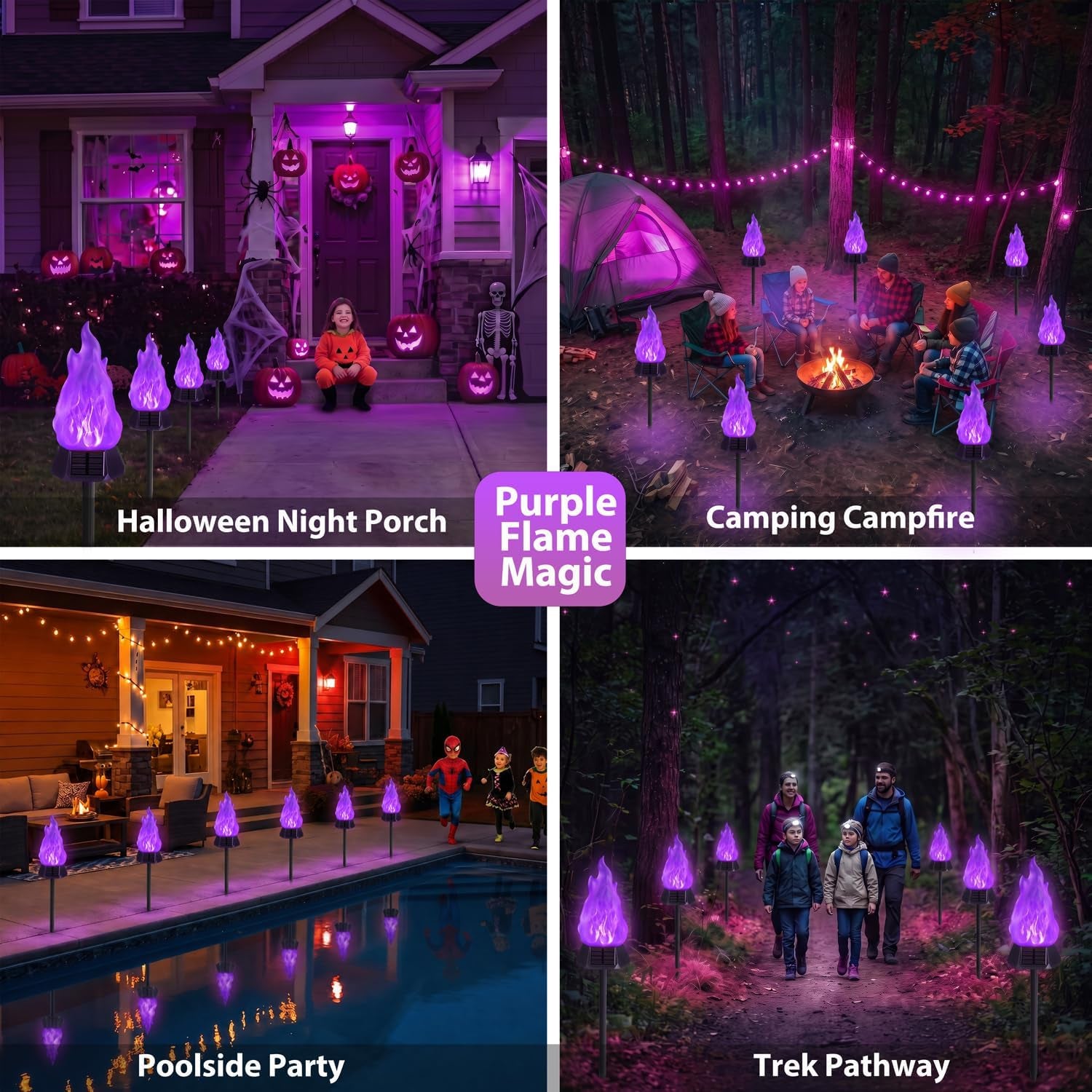 Solar Outdoor Torch Lights with Flickering Flame, 4 Pack Solar Pathway Decorative Lights, Waterproof LED Flame Torches for Outdoor Camping Garden Landscape Patio Path Yard Decorations - Purple