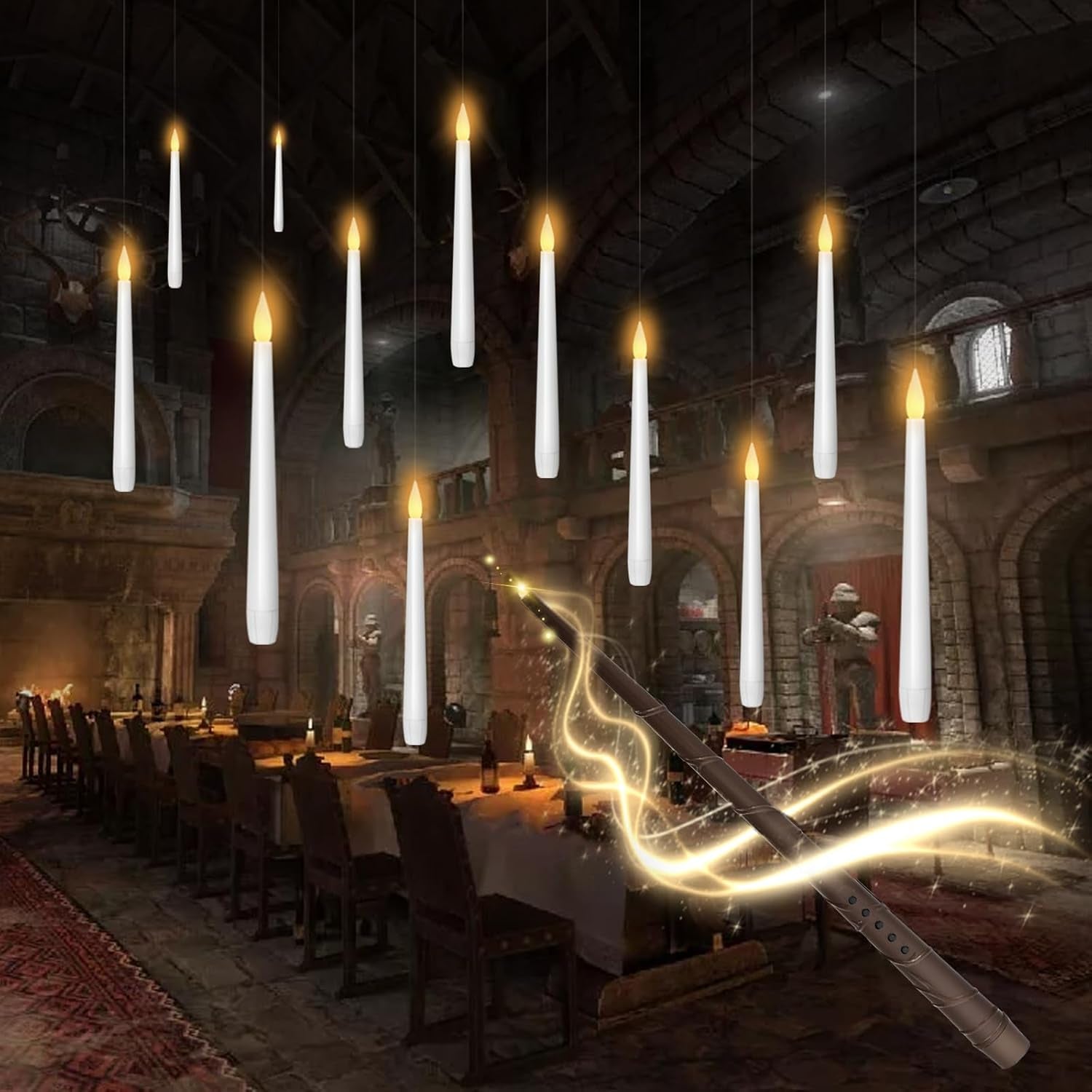 Flameless Floating Candles with Wand，12 Pcs Magic LED Hanging Taper Candles，Flickering Battery Operated Taper Candle with Wand Remote for Halloween Decorations Best Gift（Black）