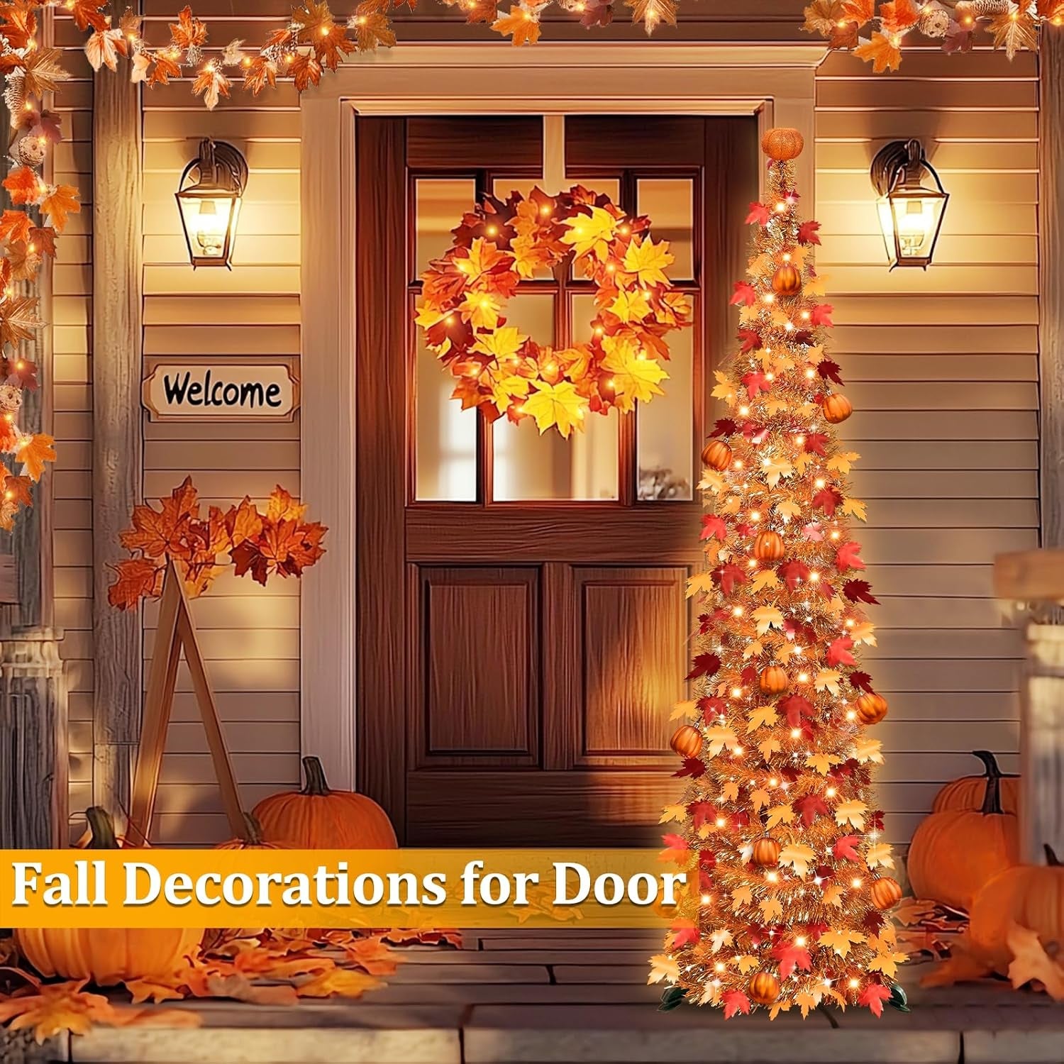 5 FT Fall Tree Fall Decor, Tinsel Maples Tree with 50 Warm White Lights | Orange Pumpkins Battery Operated Lighted Halloween Tree Fall Decorations for Home Harvest Thanksgiving Party Indoor