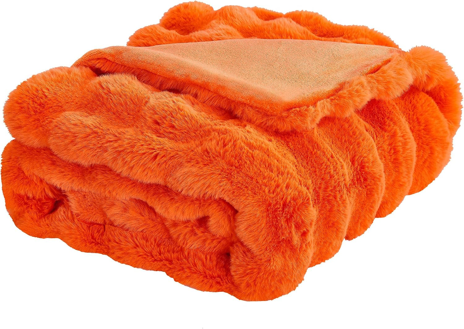 Solid Fall Bubble Faux Rabbit Fur Throw Blanket for Couch 50" X 60", Decorative Comfy Puffy Warm Fuzzy Blanket for Winter, Extra Thick Shaggy Cozy Comfy Fluffy Blankets for Adult Kids, Orange