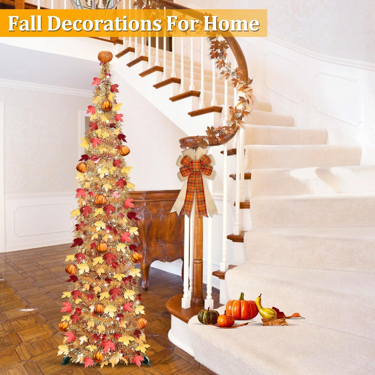 5 FT Fall Tree Fall Decor, Tinsel Maples Tree with 50 Warm White Lights | Orange Pumpkins Battery Operated Lighted Halloween Tree Fall Decorations for Home Harvest Thanksgiving Party Indoor