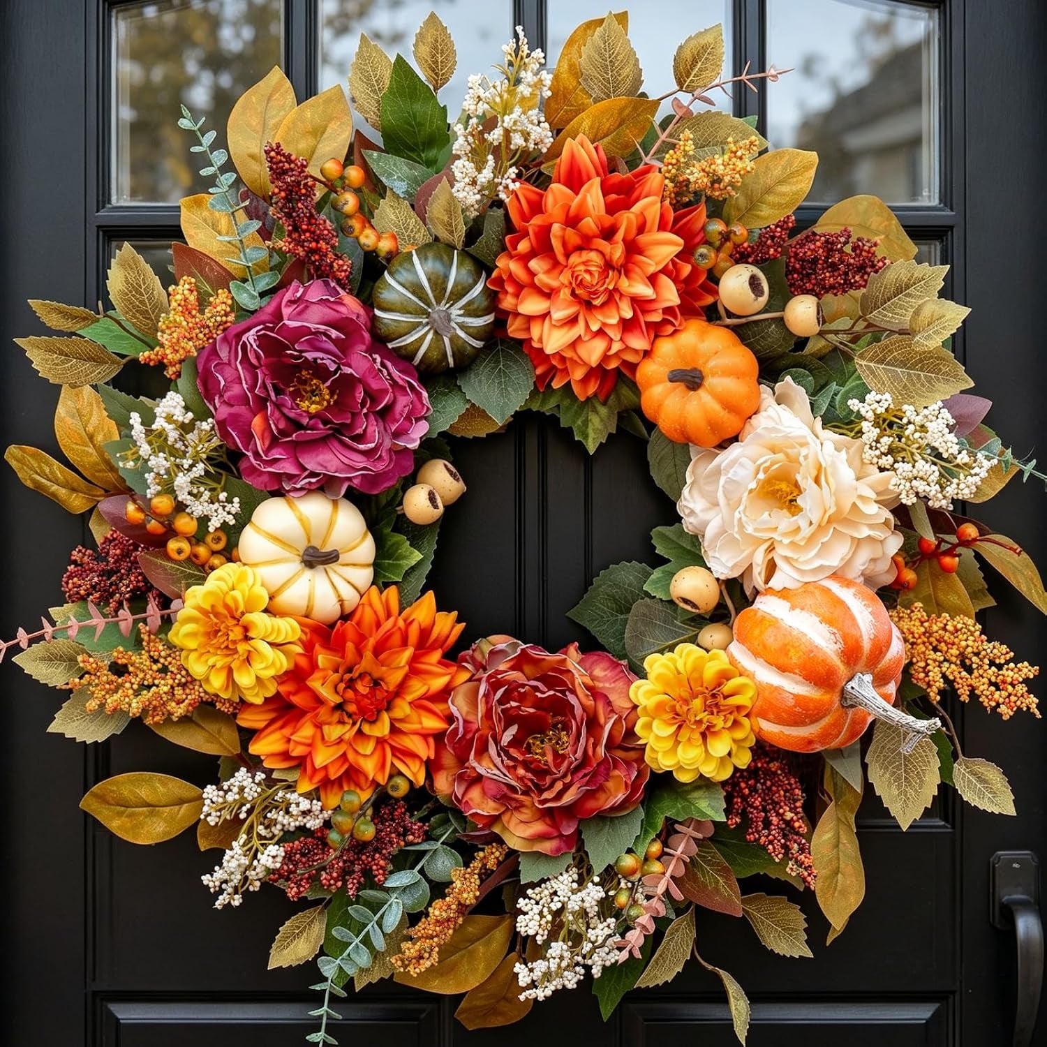 Fall Wreaths for Front Door outside 24 Inch,Rustic Harvest Autumn Wreath | Fall Door Wreath with Pumpkins,Peony,Dahlia,Artificial Silk Autumn Wreath for Indoor & Outdoor Farmhouse Thanksgiving Decor