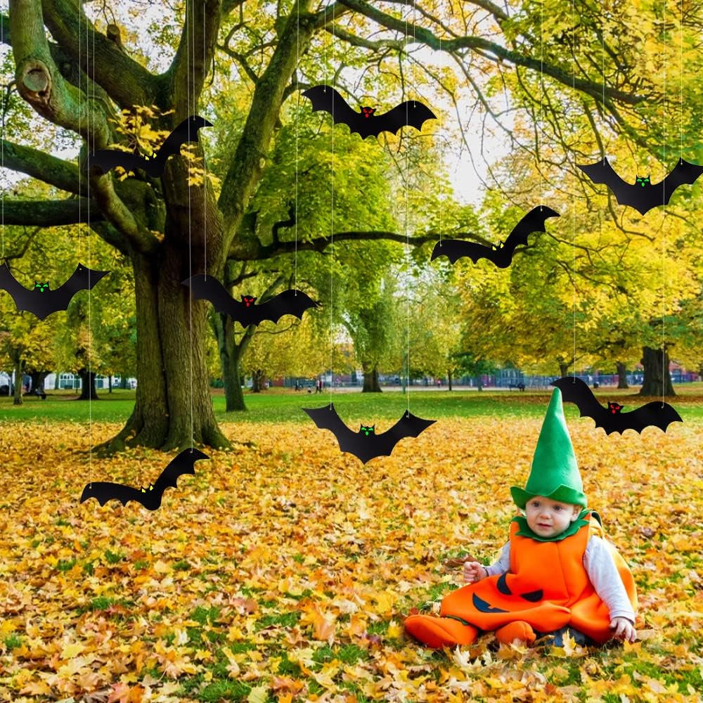 Halloween Hanging Bats for 12PCS 3D Halloween Yard Outdoor Decoration | 3 Styles Realistic Scary Large Fake Black Hanging Flying Bat Spooky for Halloween Indoor Sign Lawn Decorations