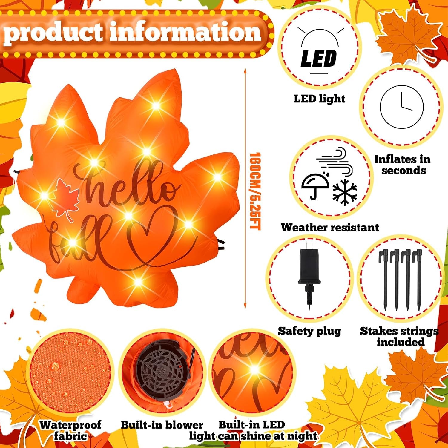 Fall Maple Leaf Inflatable 5.25Ft LED Thanksgiving Yard Decor | Built-In LED Lights, Maple Leaf Design, Harvest Decor, Weather Resistant, Yard Lawn Garden Porch, Thanksgiving, Autumn Party