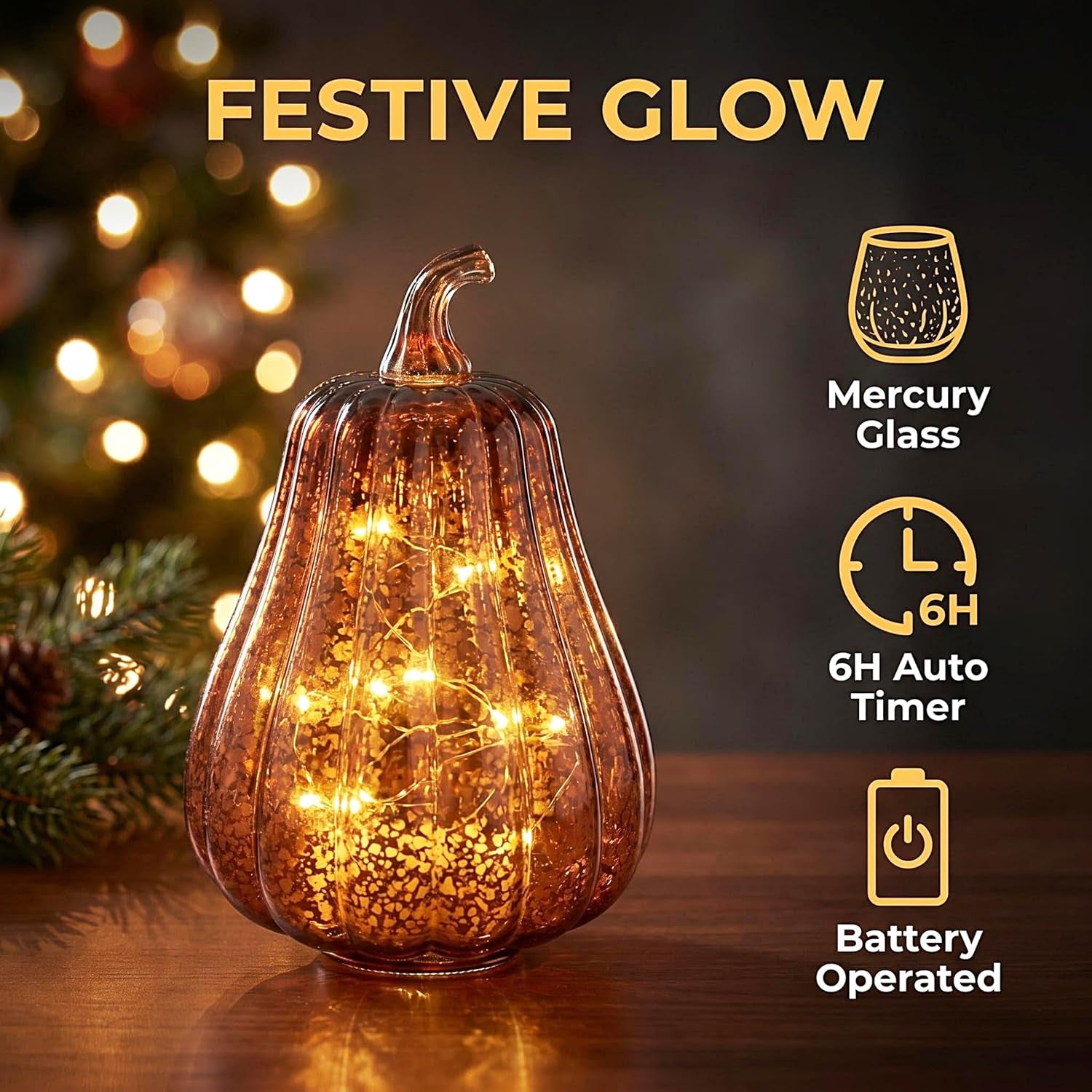 Fall Decorations for Home,Mercury Glass Pumpkin Lights with Timer, Battery Operated Led Pumpkin Lights,Light up Glass Pumpkin, Ideal for Halloween Fall Decor, Thanksgiving Decorh:8.5" (Coffee)