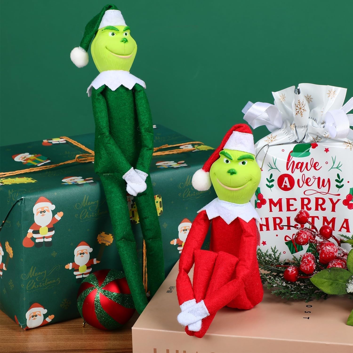 Christmas Elf Plush Doll - Red and Green Elves for Home Decoration, Xmas Ornaments Tabletop Home Office Decor, Fun Toys Gifts and Christmas Decorations (Green)