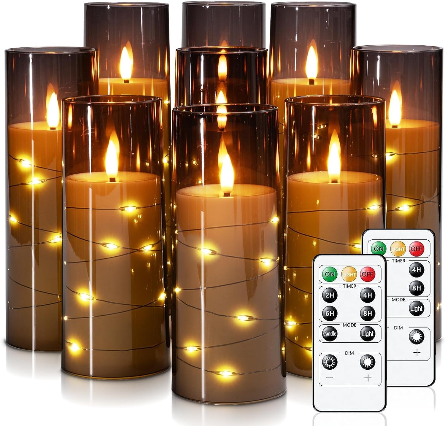 Flameless Candle with Remote Timer – 9 Flickering Acrylic Battery Operated LED Pillar Candles with Embedded Star String for Halloween, Home Decor, and as a Gift (Orange)