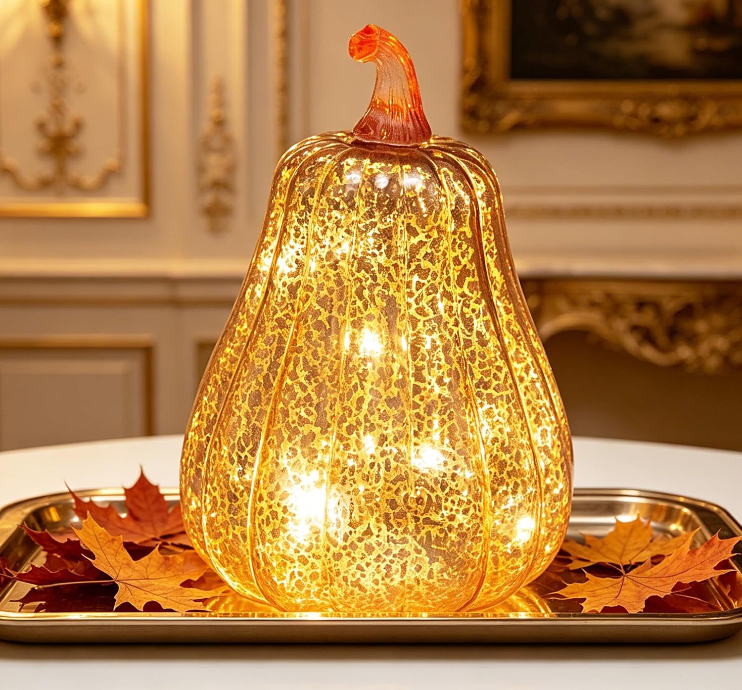 Fall Decorations for Home,Mercury Glass Pumpkin Lights with Timer, Battery Operated Led Pumpkin Lights,Light up Glass Pumpkin, Ideal for Halloween Fall Decor, Thanksgiving Decorh:8.5" (Coffee)