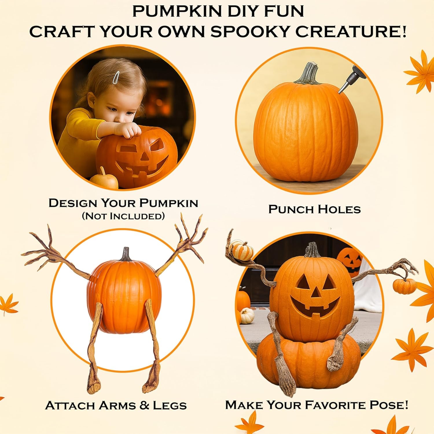Set of 4 Bendable Pumpkin Arms and Legs | Twisting Vines for Halloween Pumpkin Carving DIY Crafts for Kids | Includes 2 Arms and 2 Legs | Outdoor & Indoor Halloween Decorations