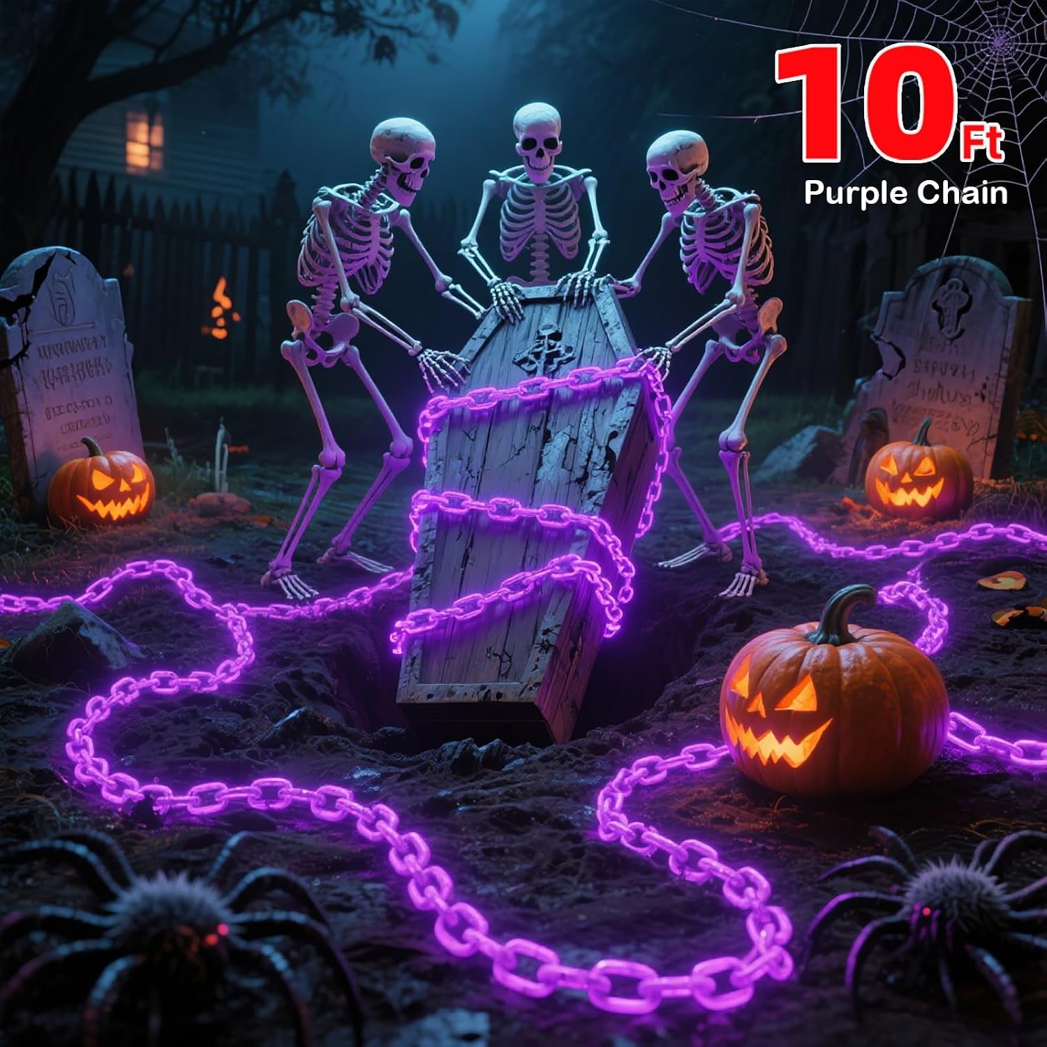 10Ft Purple Halloween Chain Lights Battery Operated with Timer, 8 Modes Halloween Decorations Indoor Outdoor, Waterproof Lighted Plastic Chains for Haunted House Party Cosplay Props Skeleton Dog