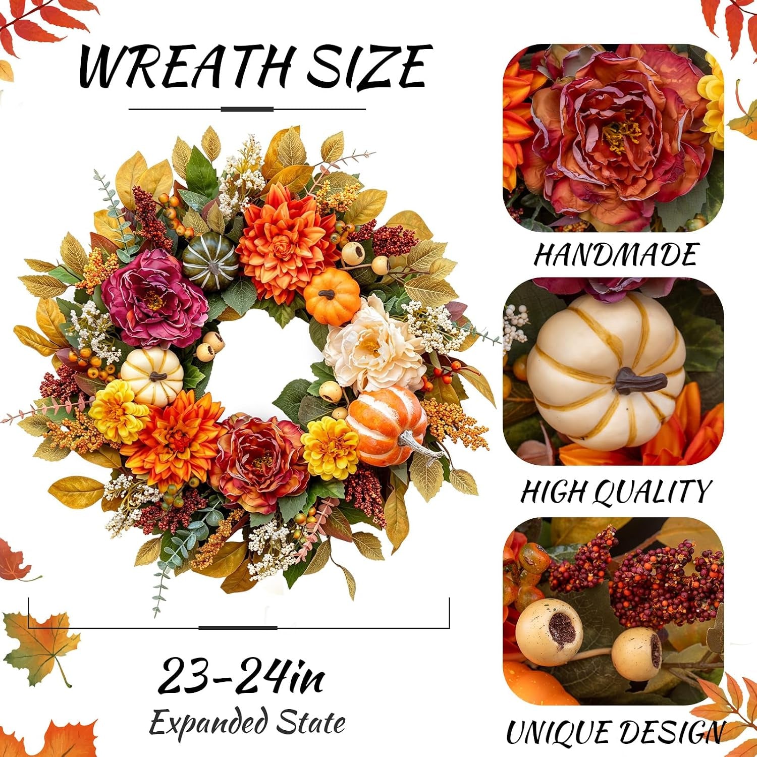 Fall Wreaths for Front Door outside 24 Inch,Rustic Harvest Autumn Wreath | Fall Door Wreath with Pumpkins,Peony,Dahlia,Artificial Silk Autumn Wreath for Indoor & Outdoor Farmhouse Thanksgiving Decor