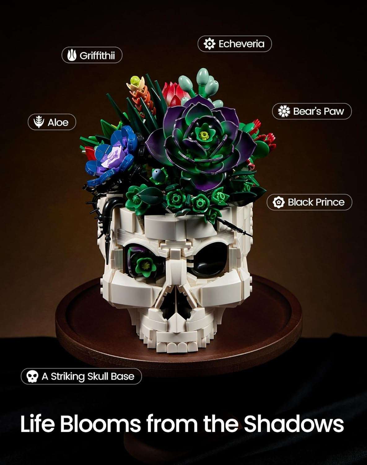 Succulent Skull Planter Flowers Building Set, Botanical Skeleton Pot Collection Building Kit, Horror Plants Home Office Table Decoration Blocks Toys for Adults, Gift for Birthday Mother'S Day