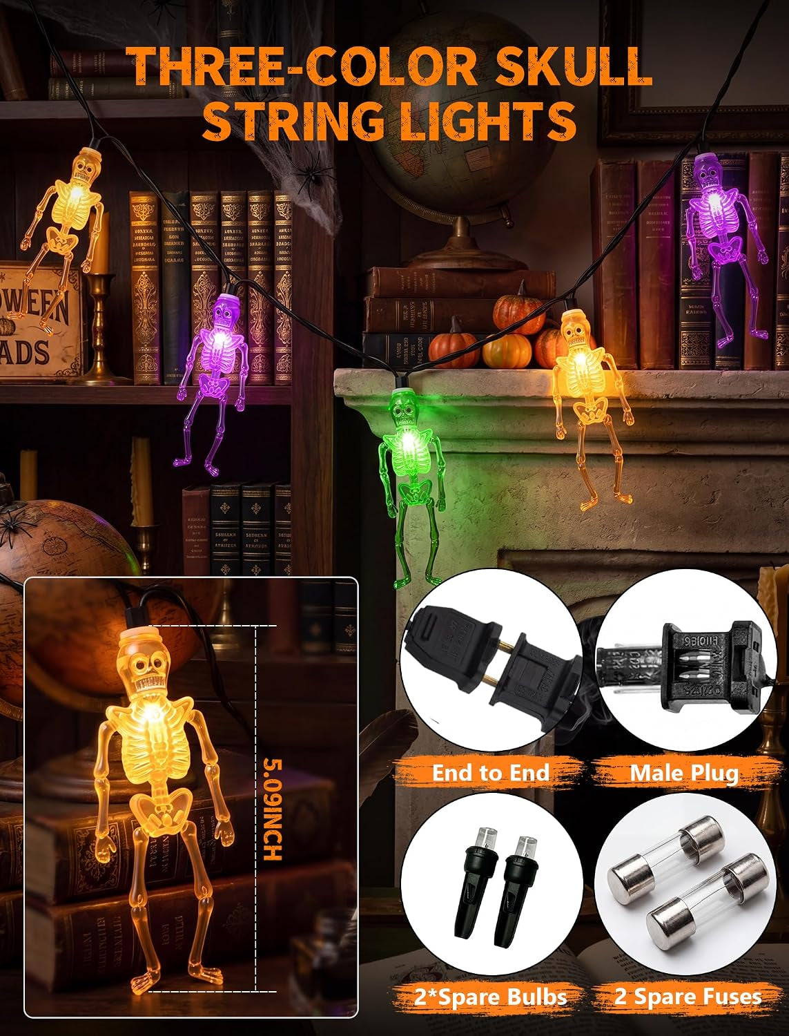 8.5FT 10 LED Outdoor Halloween Skeleton String Lights Plug In, Waterproof | Connectable, Hanging Multicolor Halloween Skull Lights UL Listed for Indoor Backyard, Patio, Porch, Party Decor, Black Wire