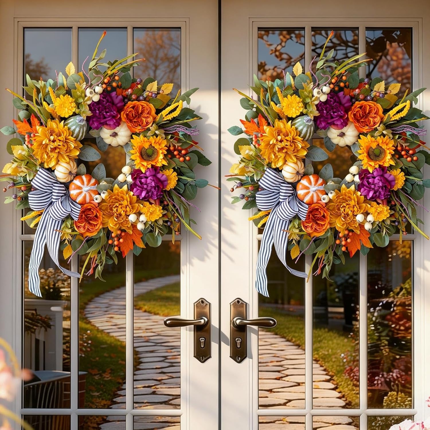 24 Inch Artificial Fall Wreaths for Front Door outside with Striped Bow | Harvest Autumn Wreath with Dahlias,Peony,Sunflowers,Pumpkins- Rustic Farmhouse Thanksgiving & Halloween Seasona Porch Decor
