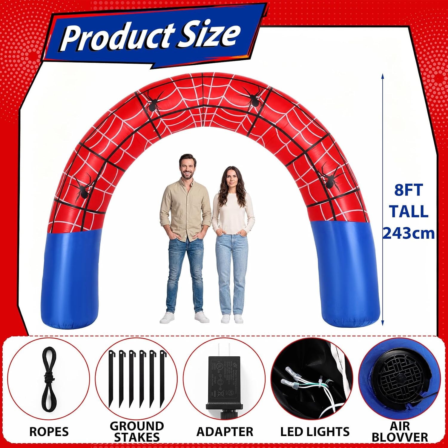 8Ft Giant Spider Web Inflatable Arch Blow up Inflatable Outdoor Yard Decorations with Built in LED Lights Red Spider Web Theme Birthday Party Decor for Garden Lawn