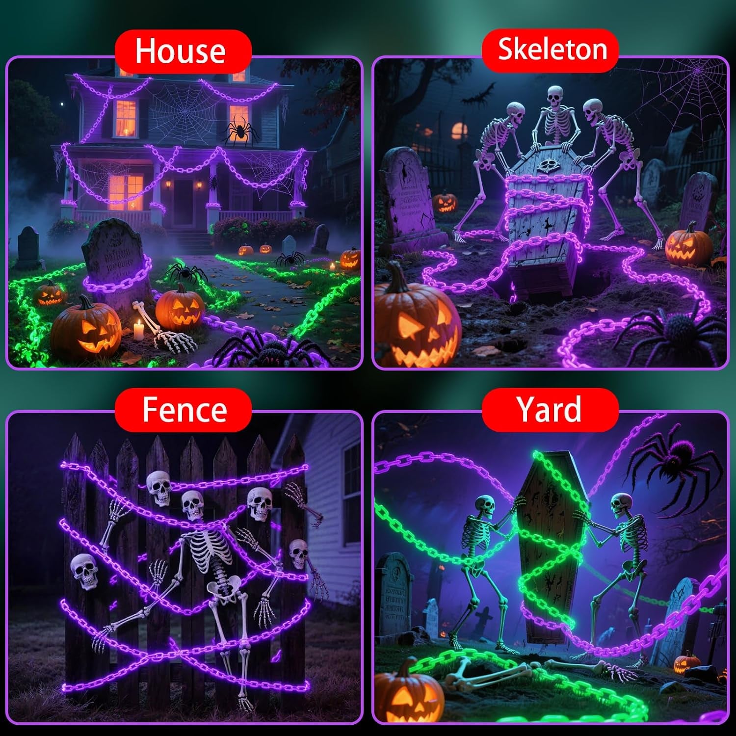 10Ft Purple Halloween Chain Lights Battery Operated with Timer, 8 Modes Halloween Decorations Indoor Outdoor, Waterproof Lighted Plastic Chains for Haunted House Party Cosplay Props Skeleton Dog