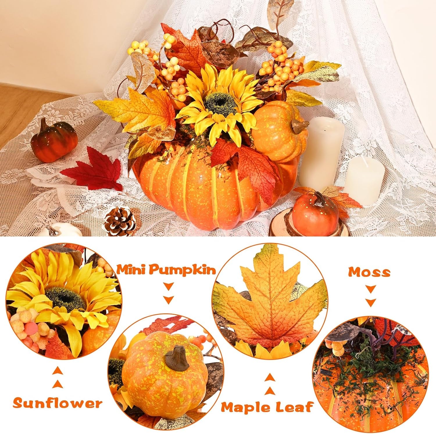 Fall Decor, Fall Centerpieces for Tables, Fake Pumpkin Decorations, Artificial Pumpkins for Decorating, Faux Fall Decorations for Home Table Thanksgiving Halloween Indoor Outdoor Porch Bathroom
