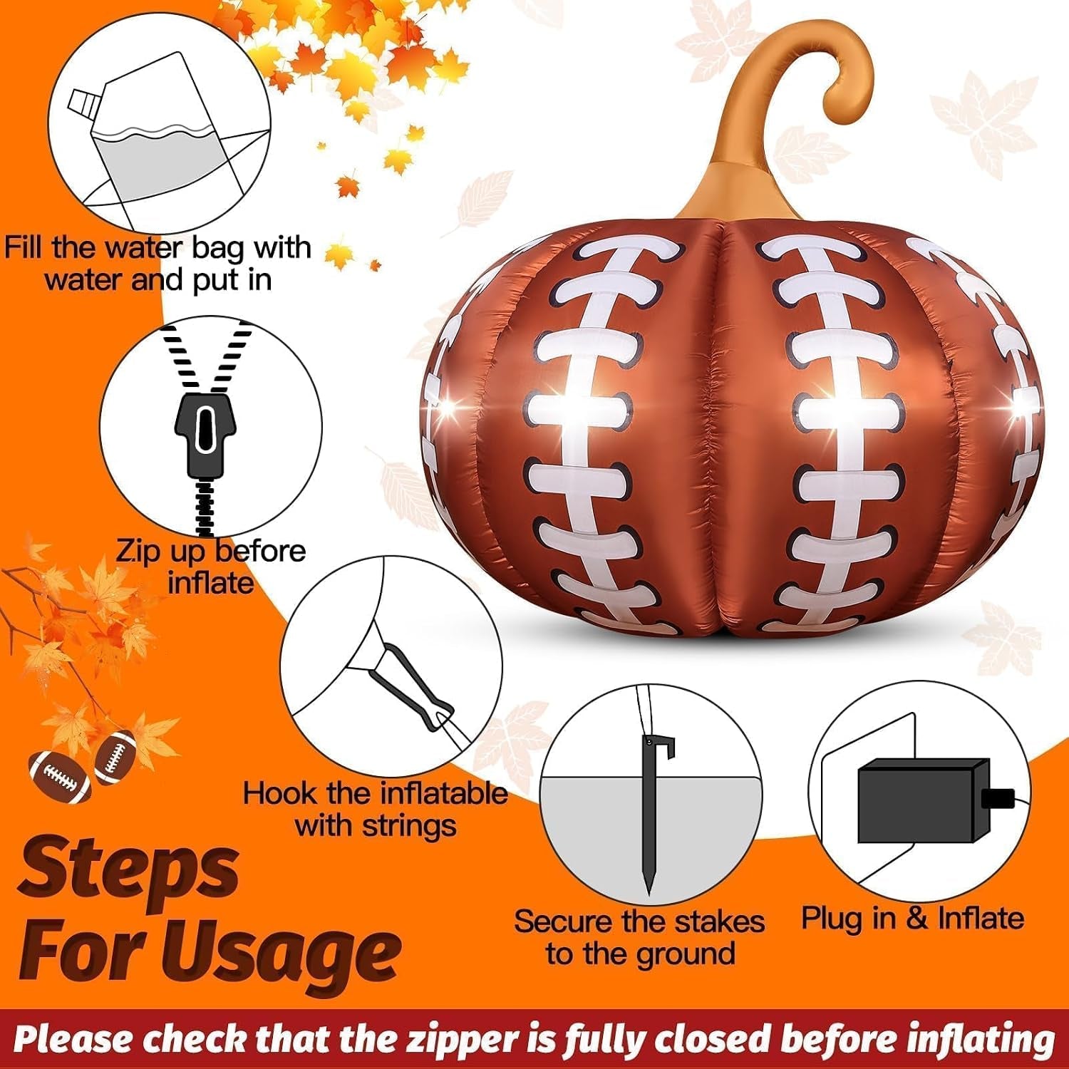 4.6FT Inflatable Pumpkin Outdoor Decorations Football Inflatables Pumpkins Built-In 4 LED Lights Fall Giant Blow up Pumpkin for Halloween Decor Football Sport Fans Party Garden Yard Lawn