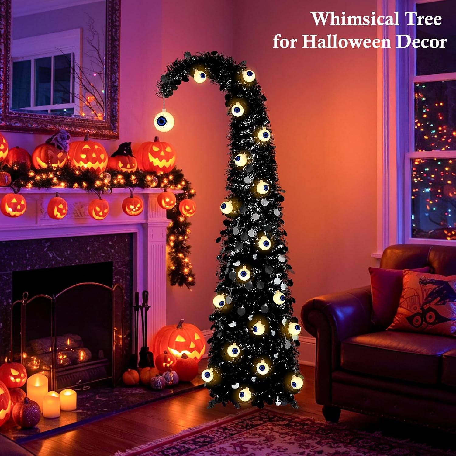5FT Black Halloween Pop up Christmas Tree with Eyeball String Lights | Whimsical Curved Tinsel Tree, 30 Warm White Eyeball Lights, 6H Timer, Foldable Design; Apartment, Porch, Party, XMAS Decor