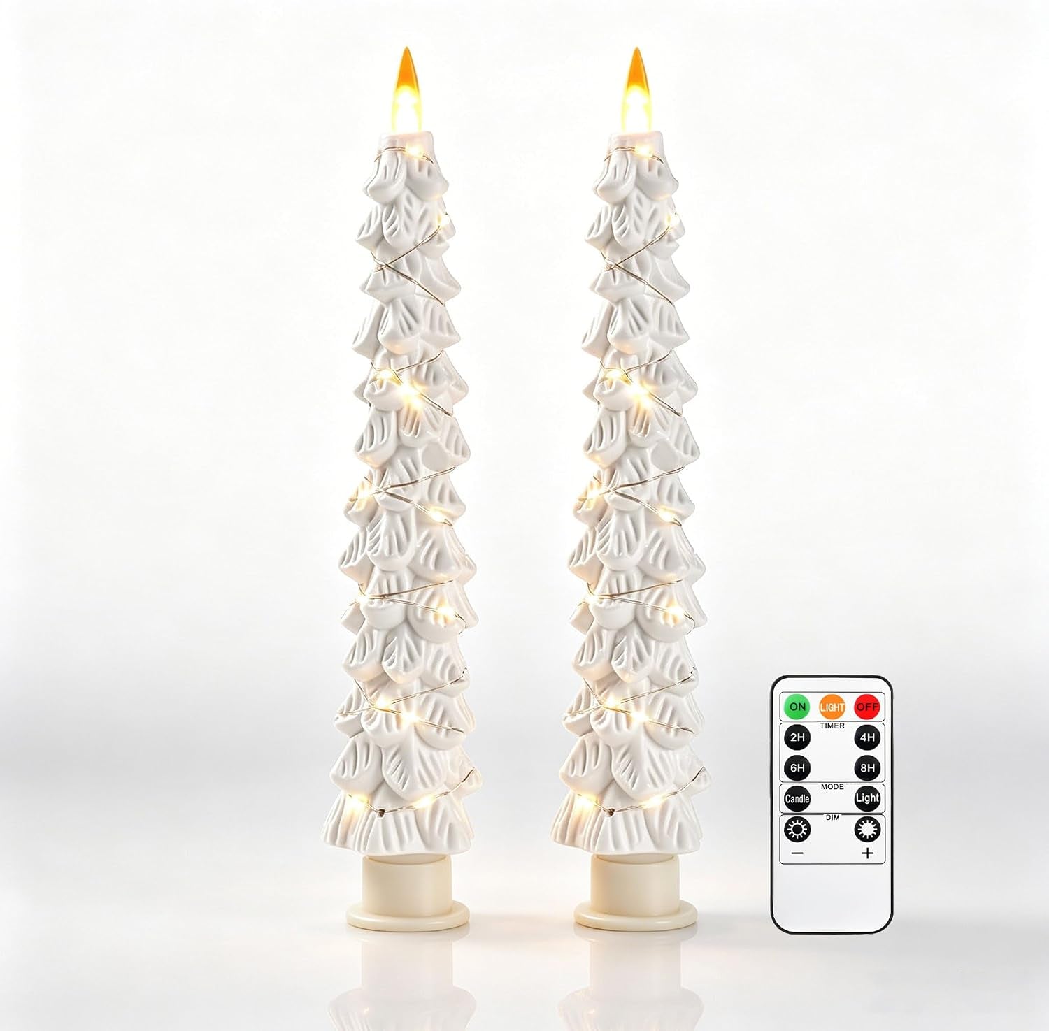 Christmas Tree Candles Surrounded by Fairy Lights, LED Flameless Candle Lights with Remote Control Timing Function. Green