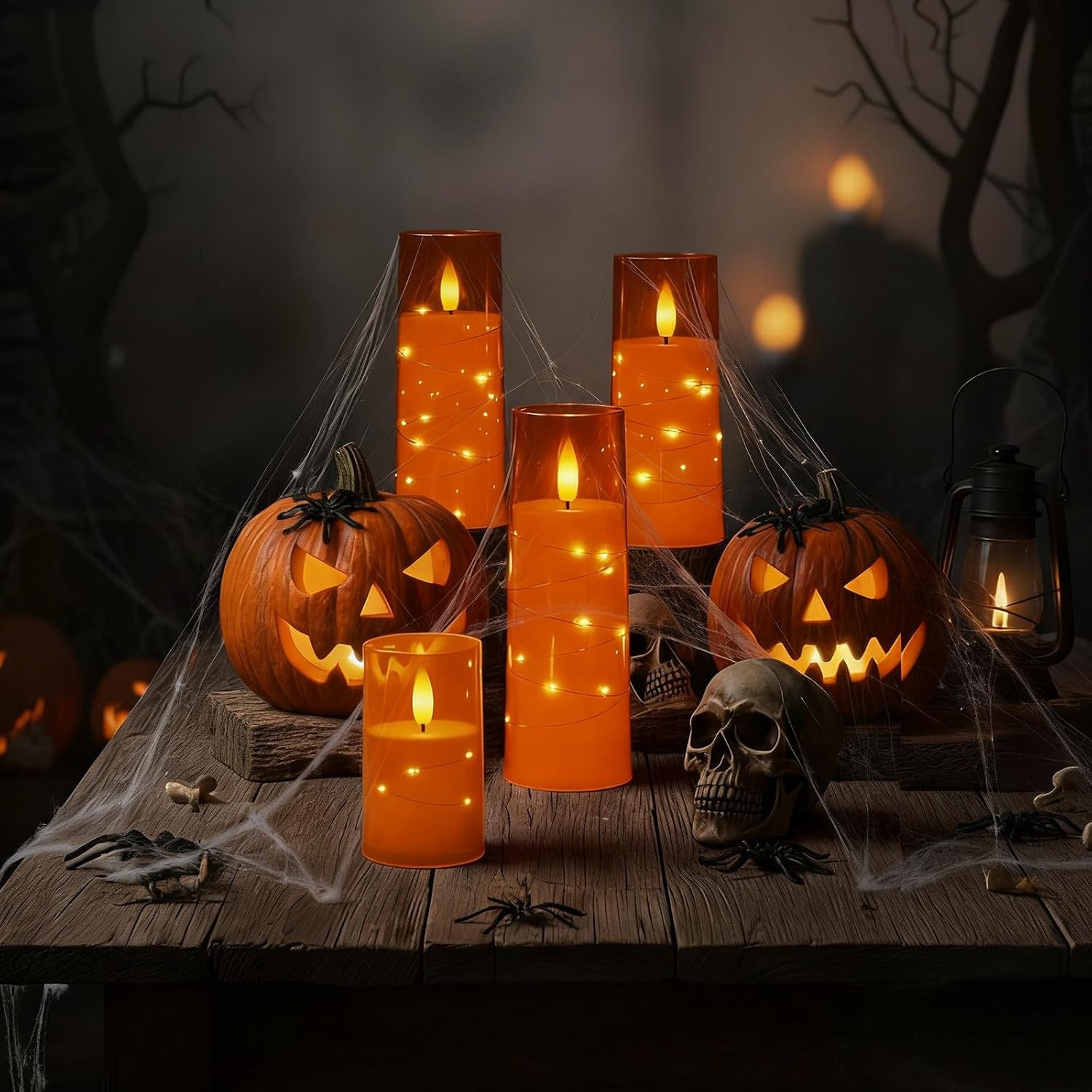 Flameless Candle with Remote Timer – 9 Flickering Acrylic Battery Operated LED Pillar Candles with Embedded Star String for Halloween, Home Decor, and as a Gift (Orange)
