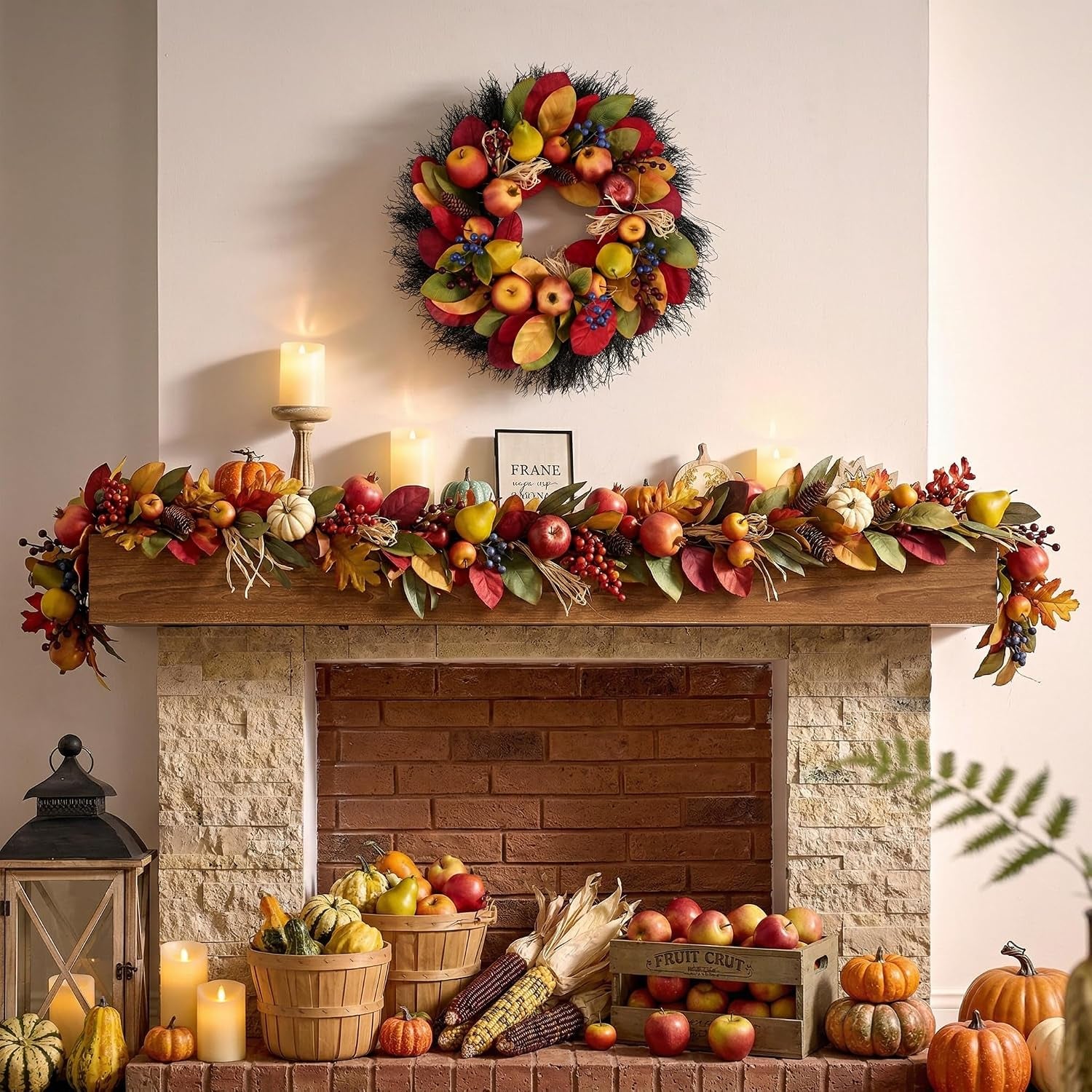 24'' Collapsible Pre-Lit Fruits Fall Wreath for Front Door | Faux Pomegranate & Apples & Maple Leaves & Greeting Plaque & LED Light for Fireplace,Porch,Autumn Thanksgiving Harvest Decor