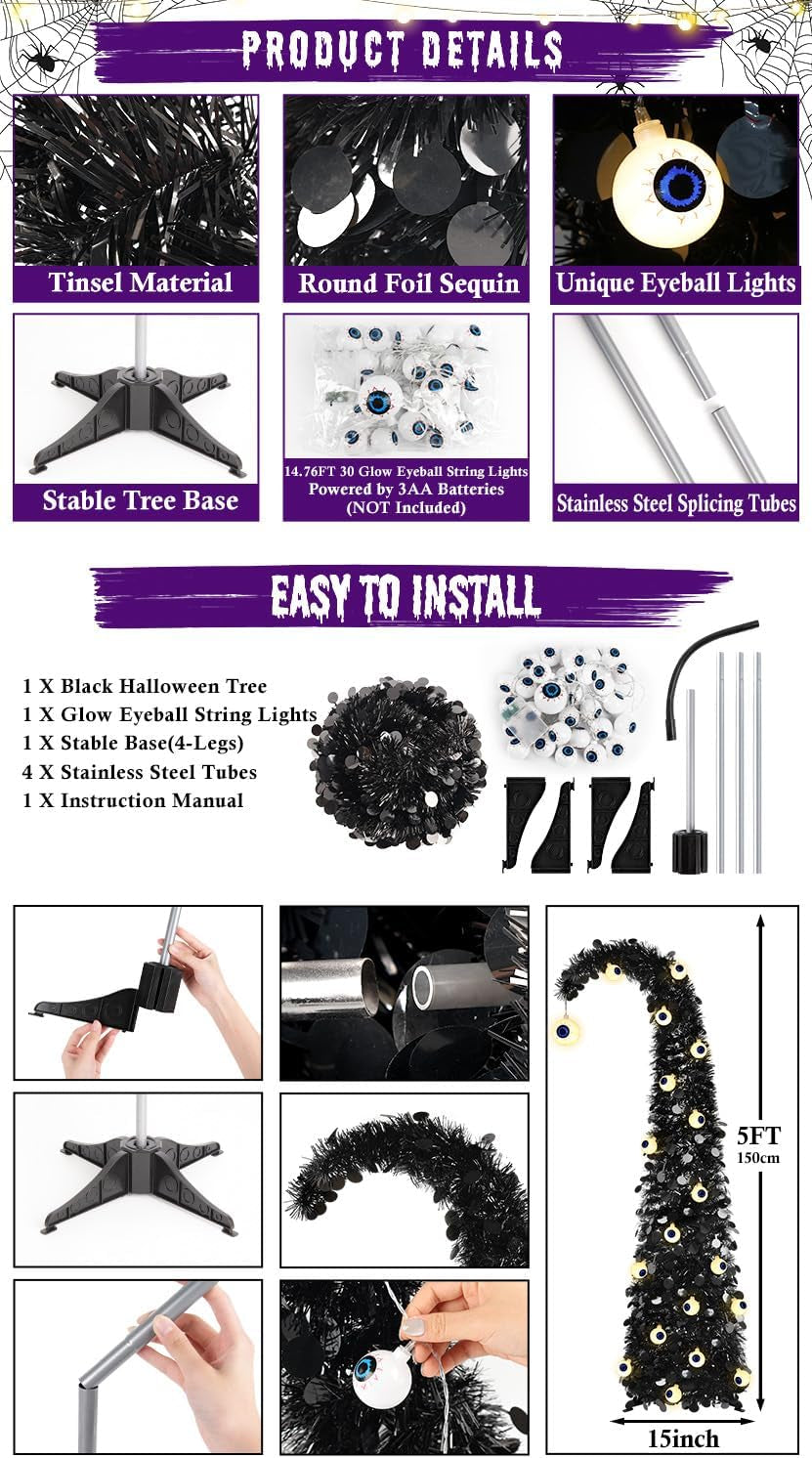5FT Black Halloween Pop up Christmas Tree with Eyeball String Lights | Whimsical Curved Tinsel Tree, 30 Warm White Eyeball Lights, 6H Timer, Foldable Design; Apartment, Porch, Party, XMAS Decor