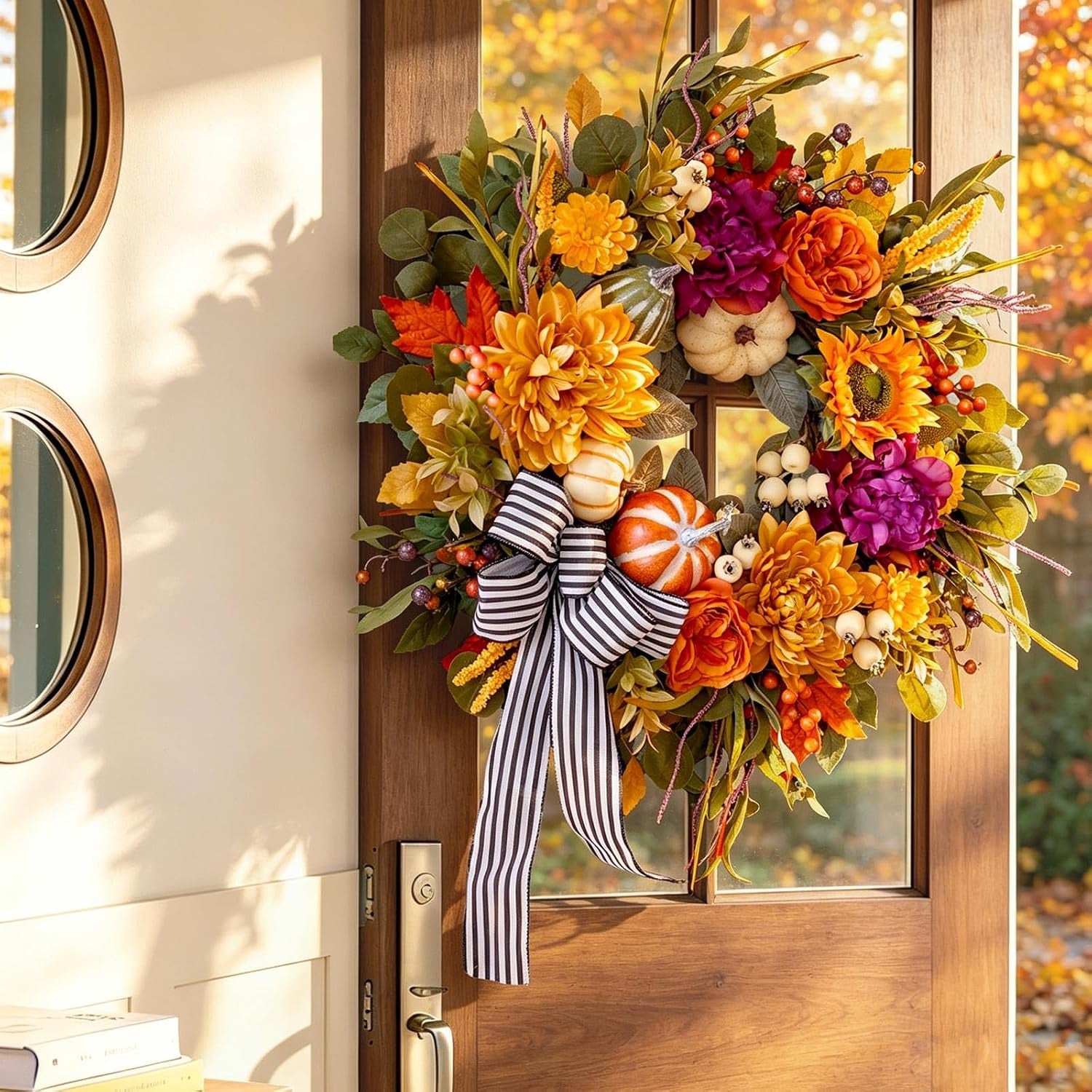 24 Inch Artificial Fall Wreaths for Front Door outside with Striped Bow | Harvest Autumn Wreath with Dahlias,Peony,Sunflowers,Pumpkins- Rustic Farmhouse Thanksgiving & Halloween Seasona Porch Decor