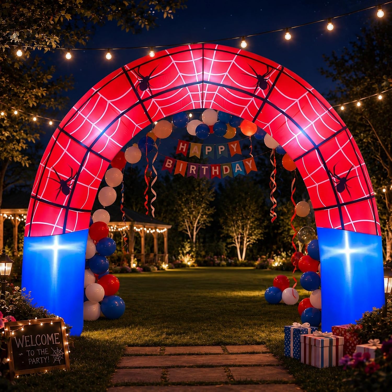 8Ft Giant Spider Web Inflatable Arch Blow up Inflatable Outdoor Yard Decorations with Built in LED Lights Red Spider Web Theme Birthday Party Decor for Garden Lawn