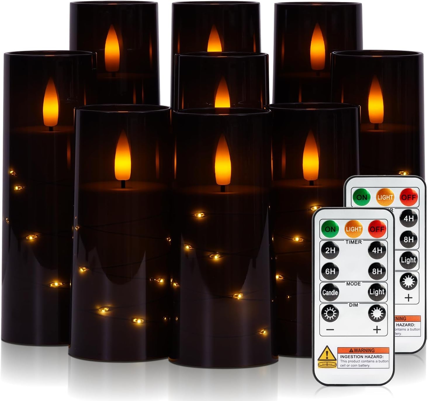 Flameless Candle with Remote Timer – 9 Flickering Acrylic Battery Operated LED Pillar Candles with Embedded Star String for Halloween, Home Decor, and as a Gift (Orange)