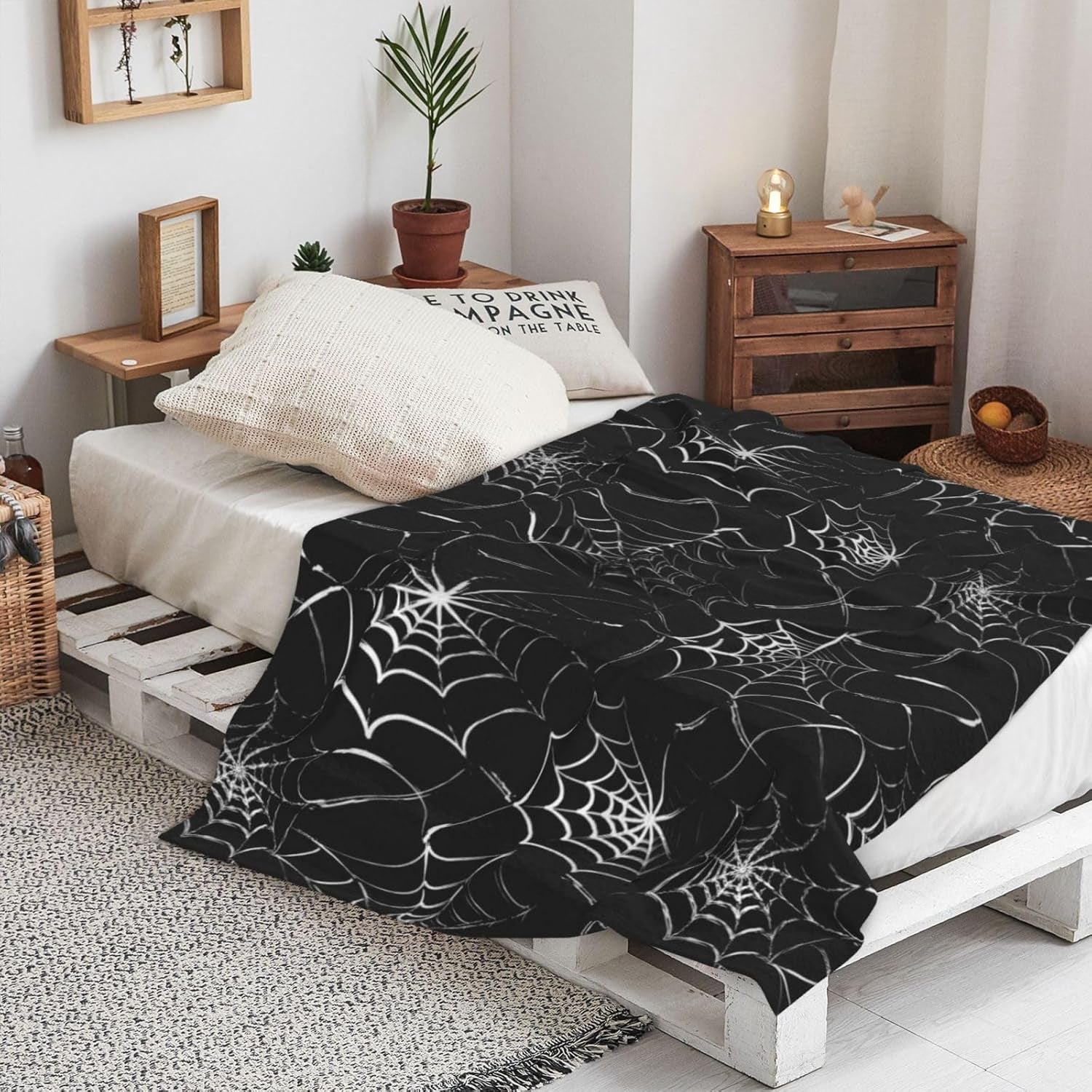 Gothic Spider Web Blanket Black Halloween Flannel Throw for Couch and Bed | Soft Flannel Blanket for Couch Bed and Haunted Mansion Use