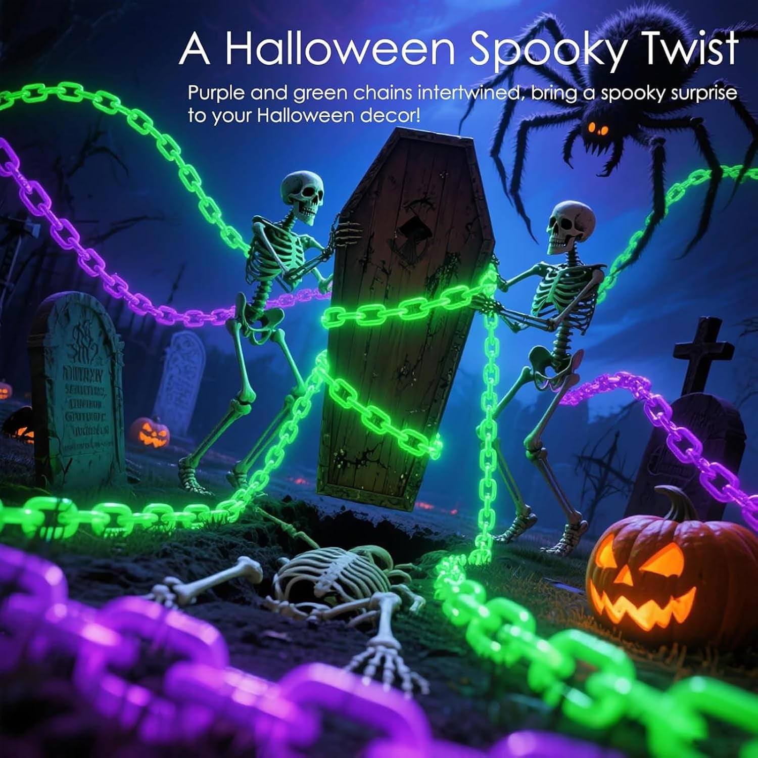 10Ft Purple Halloween Chain Lights Battery Operated with Timer, 8 Modes Halloween Decorations Indoor Outdoor, Waterproof Lighted Plastic Chains for Haunted House Party Cosplay Props Skeleton Dog